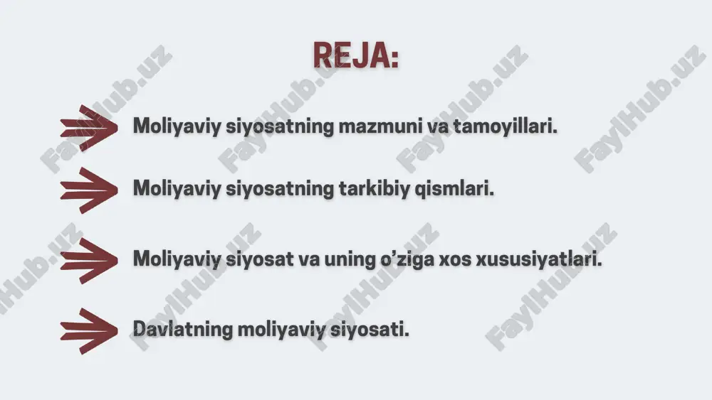 qilona yo‘naltirishdir. tayyorladi: samandarova g.m. moliyaviy siyosat – bu davlatning iqtisodiy-ijtimoiy maqsadlariga erishish yo‘lida moliyaviy vositalar, mexanizmlar va institutlardan foydalanish strategiyasi va taktikasi majmuasidir. uning mazmunini quyidagi asosiy yo‘nalishlar tashkil etadi: moliyaviy resurslarni shakllantirish – davlat byudjeti daromadlari, soliqlar, bojxona to‘lovlari, davlat qarzlari, davlat mulkidan tushumlar orqali mablag‘ yig‘ilishi. moliyaviy resurslarni taqsimlash – yig‘ilgan mablag‘larni iqtisodiyot tarmoqlari, ijtimoiy sohalar va hududlar o‘rtasida oqilona taqsimlash. makroiqtisodiy barqarorlikni ta’minlash – inflyatsiya jarayonlarini jilovlash, milliy valyutani mustahkamlash, davlat qarzini boshqarish. investitsion muhitni shakllantirish – ichki va tashqi kapitalni jalb qilish, innovatsion faoliyatni moliyalashtirish. ijtimoiy himoya va adolatni ta’minlash – aholining turmush darajasini oshirish, kambag‘allikni kamaytirish, ijtimoiy infratuzilmani rivojlantirish. tayyorladi: samandarova g.m. vazifalari: davlat byudjeti barqarorligini ta’minlash. soliq yukini adolatli taqsimlash va soliqlar orqali iqtisodiy rag‘batlantirish. pul-kredit siyosati orqali iqtisodiy muvozanatni saqlash. aholi bandligi va ijtimoiy himoyasini qo‘llab-quvvatlash. bozor islohotlari va tadbirkorlikni rivojlantirishga ko‘maklashish. davlat qarzi va byudjet taqchilligini maqbul darajada ushlab turish.tayyorladi: samandarova …