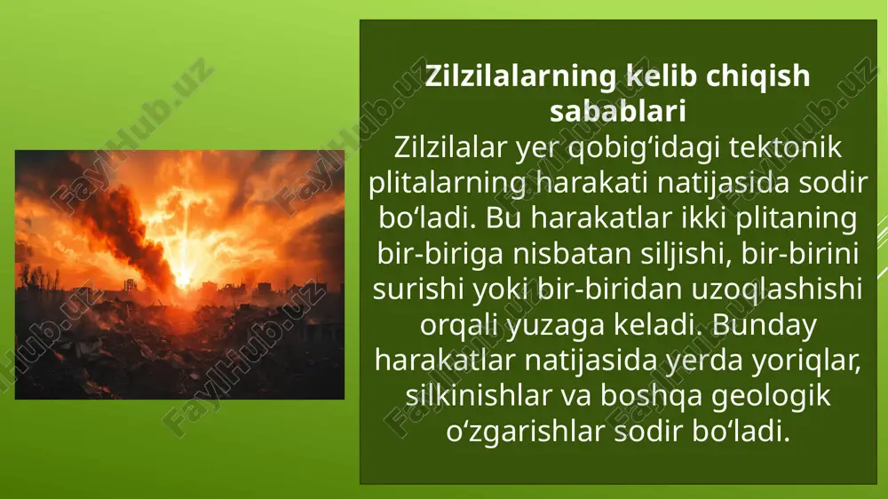ra-tadbirlar qo‘llaniladi. bunga seysmik xavfsiz binolar qurish, seysmik faol hududlarda joylashgan joylarda aholini ogohlantirish tizimlarini joriy etish va zilzilalarga tayyorlash bo‘yicha treninglar o‘tkazish kiradi. 1966-yil 26-aprel kuni toshkentda sodir bo‘lgan zilzila shahar tarixidagi eng yirik tabiiy ofatlardan biri hisoblanadi. soat 5:23 da yuz bergan bu zilzila kuchli silkinishlarga olib kelib, toshkentning markaziy qismida keng miqyosda vayronagarchiliklar yuzaga keldi. zilzilaning ta'siri magnitudasi: 5.2 (rixter shkalasi bo‘yicha) o‘chog‘i: 3–8 km chuqurlikda joylashgan vayron bo‘lgan hudud: 2 million kvadrat metrdan ortiq turar-joy maydoni zarar ko‘rgan obyektlar: 236 ta ma’muriy bino 700 ga yaqin savdo va umumiy ovqatlanish obyekti 181 ta ta’lim muassasasi 185 ta tibbiyot muassasasi 245 ta ishlab chiqarish binolari boshpanasiz qolganlar: 78 ming oila yoki 300 mingdan ortiq kishi qurbonlar soni: 8 kishi halok bo‘lgan, bir necha yuz kishi jarohatlangan tiklanish jarayoni zilzila natijasida vayron bo‘lgan eski loy va guvaladan qurilgan uylar o‘rnida hukumat qarori bilan yangi, zamonaviy ko‘p qavatli uylar …