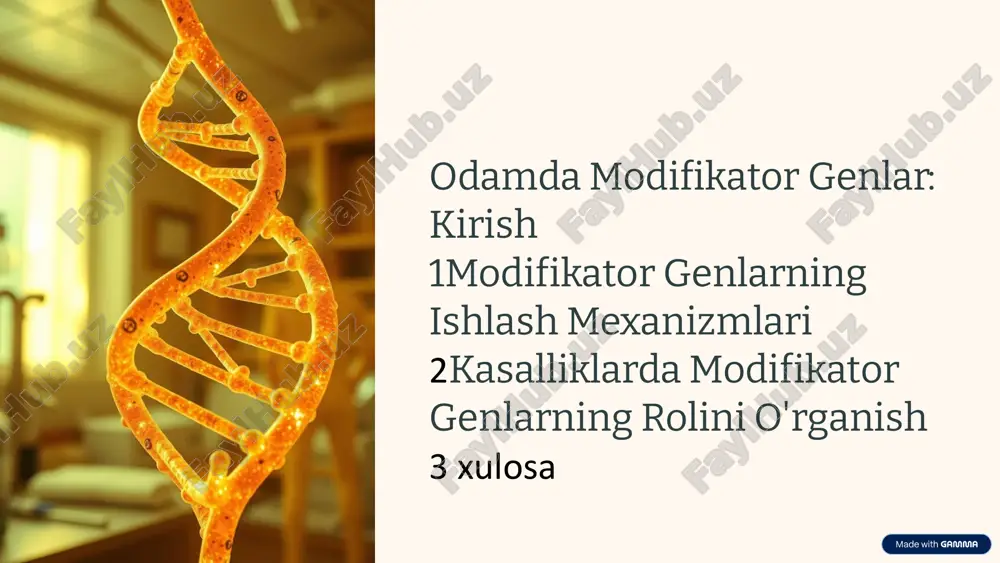 k rolini tushunishga yordam beradi. 8 tadqiqotlarning istiqbollari va muammolari 1 ma'lumotlar hajmi katta miqdordagi genetik ma'lumotlarni tahlil qilish kerak. 2 murakkablik gen-gen o'zaro ta'sirlarining murakkabligini tushunish qiyin. 3 klinik tarjima tadqiqot natijalarini klinik amaliyotga tatbiq etish lozim. 9 xulosa: modifikator genlarning ahamiyati va kelajagi muhim ahamiyat modifikator genlar inson kasalliklari va sog'lig'ini tushunish uchun kalit hisoblanadi. 1 yangi davolash usullari ular shaxsiylashtirilgan tibbiyot uchun yangi yo'llarni ochadi. 2 kelajakdagi tadqiqotlar bu sohadagi tadqiqotlar tibbiyotni tubdan o'zgartirish potentsialiga ega. 3 10 image1.png image2.png image3.png image4.png image5.png image6.png image7.png image8.png image9.png image10.png image11.png image12.png image13.png image14.png image15.png image16.png