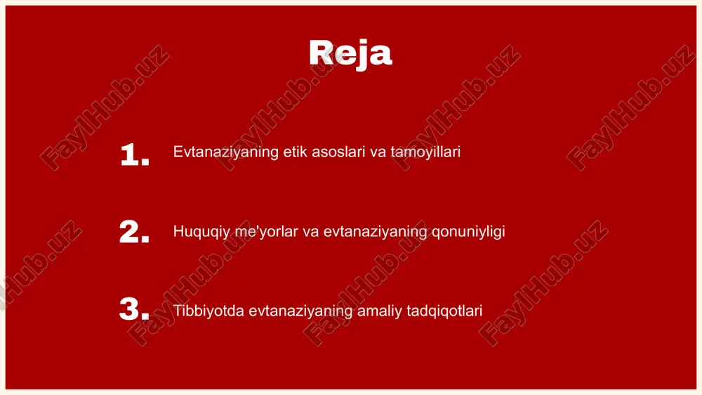 misol uchun, yevropaning ayrim mamlakatlarida, masalan, niderlandiya va belgiyada evtanaziya qonuniylashtirilgan bo'lsa, boshqa mamlakatlarda bu qat'iyan taqiqlangan. evtanaziyaga qarshi bo'lganlar, bu amaliyotning hayot va o'lim haqidagi qadriyatlarni buzishini ta'kidlaydilar, shuningdek, nojo'ya oqibatlar va suiiste'mol imkoniyatlarini hisobga olish kerakligini ta'kidlaydilar. boshqalar esa, bemorlarning azoblarini yengillashtirish va ularga o'z hayotlari ustidan nazorat qilish huquqini berish zarurligini ta'kidlaydilar. evtanaziya va huquqiy me'yorlar evtanaziya, og'riqni kamaytirish va bemorning hayotini tugatish maqsadida amalga oshiriladigan tibbiy yordam turi sifatida ta'riflanadi. o'zbekiston respublikasida evtanaziya qonuniy emas, bu esa bemorlarning huquqlarini himoya qilishga qaratilgan huquqiy asoslar bilan bog'liq. huquqiy me'yorlar va evtanaziya o'rtasidagi munosabat murakkabdir, chunki bu inson huquqlari va tibbiy etikaga ta'sir ko'rsatadi. evtanaziyaning qonuniyligi o'zbekistondagi qonunlar o'zbekistonda evtanaziya qonuniy emas. 1996 yilgi o'zbekiston respublikasi konstitutsiyasiga ko'ra, har bir insonning hayoti muqaddasdir. biroq, ba'zi hollarda, shifokorlar bemorning azob-uqubatlarini kamaytirish uchun yordam ko'rsatishga tayyor. bu qonunlar va normativ hujjatlar evtanaziyaning taqiqlanganligini ko'rsatadi. boshqa mamlakatlardagi qonunlar ko'plab davlatlarda evtanaziya …