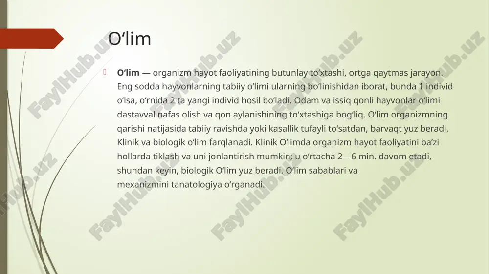 'lgan chegara shaklidir. klinik o'lim nafas olish va yurak urishni to'xtatish paytidan boshlanadi. inson endi nafas ololmaydi va uning yuragi urmaydi, lekin patologik jarayonlar hali qaytarib bo'lmaydi. hali ham metabolik jarayonlarni boshdan o'tkazishga vaqt topa olmagan va yo'qotishsiz tiklanish mumkin. agar 5-6 daqiqadan so'ng hayotiy vazifalarni tiklash mumkin bo'lsa, u holda inson orzusidan uyg'onadi. ammo klinik o'lim hollarida yordamisiz qoldirib, organizm bakteriyalar rivojlanishi uchun ochiq ekotizimga aylanganda haqiqiy yoki biologik o'limga olib keladi. miya o'limining belgilari miyaning o'limini aniqlaydigan mezonlar etarlicha o'rganilgan bo'lsa-da, bu haqiqatni aniqlashdan keyin, inson intensiv terapiya bo'limida kamida 24 soat davomida kuzatuv ostida qoladi. shu bilan birga , o'pkada sun'iy shamollash davom etadi va yurak faoliyatiga xizmat qiladi. miyaning o'limidan so'ng normal hayotga qaytishi hodisalari noma'lum, ammo hayotni saqlab qolish uchun asbobdan uzib qo'yish qarori juda mas'uliyatli va shoshilinch qabul qilinishi mumkin emas. jahon miqyosida miya o'limi uchun quyidagi mezonlar qabul qilindi: ong va mustaqil harakatlarning …