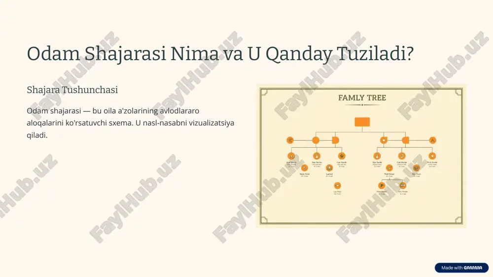 g'ri ishlatilishi. bu masalalar genetik tahlilning mas'uliyatli va adolatli qo'llanilishini ta'minlaydi. 7 shajara tahlilining kelajagi va yangi texnologiyalar 1 to'liq genom sekvensiyasi barcha genetik o'zgarishlarni aniqlash imkoniyati kengaymoqda. sun'iy intellekt katta ma'lumotlarni tahlil qilish va naqshlarni topishda yordam beradi. integratsiyalashgan ma'lumotlar bazas klinik va genetik ma'lumotlarni birlashtirish tashxisni yaxshilaydi. ushbu texnologiyalar shajara tahlilini yanada aniq va samarali qiladi. 8 xulosa: shajara tahlilining ahamiyati va amaliyotga tatbiqi shajara tahlili oilalarga genetik xavflarni tushunishga yordam beradi. u tibbiyotda kasalliklarni aniqlash va oldini olishda muhim vositadir. kelajakda yangi texnologiyalar yordamida shajara tahlili yanada takomillashtiriladi. bu genetik maslahat va shaxsiylashtirilgan tibbiyot uchun katta imkoniyatlar ochadi. 9 image1.png image2.png image3.png image4.png image5.png image6.png image7.png image8.png image9.png image10.png image11.png image12.png image13.png image14.png image15.png image16.png image17.png image18.png image19.png image20.png image21.png image22.png