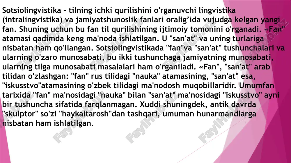 va "san'at" tushunchalari va ularning o'zaro munosabati, bu ikki tushunchaga jamiyatning munosabati, ularning tilga munosabati masalalari ham o'rganiladi. «fan", "san'at" arab tilidan o'zlashgan: "fan" rus tilidagi "nauka" atamasining, "san'at" esa, "iskusstvo"atamasining o'zbek tilidagi ma'nodosh muqobillaridir. umumfan tarixida "fan" ma'nosidagi "nauka" bilan "san'at" ma'nosidagi "iskusstvo" ayni bir tushuncha sifatida farqlanmagan. xuddi shuningdek, antik davrda "skulptor" so'zi "haykaltarosh"dan tashqari, umuman hunarmandlarga nisbatan ham ishlatilgan. sotsiolingvistika rivojlanishi-“xorijiy sotsiolingvistika” magistrantlami nafaqat aqsh, buyuk britaniya, germaniya, fransiya, ispaniya, turkiya, rossiya, koreya, xitoy, yaponiya mamlakalaridagi tillar vaziyatini obyektiv tasvirlash va tavsiflash, shuningdek, qayd etilgan mamlakatlar davlat tillari, ulaming maqomlari, ijtimoiy vazifasi, standart (davlat) va nostandart (nodavlat) tillar ijtimoiy xizmat doiralari, bilingvizm, diglossiya k hodisalari, tillararo munosabat, o'zaro ta’sir, til jamoalarida tillaming ‘ «omlanish holati, sotsium (jamoa a’zolari)ning davlat tillariga munosabati, ulami amalda ishlatish darajasi va h.k. haqida bttim berishga m o‘jjallangan “lisoniy vaziyat” (language situation) deyilganda, muayyan bir vaqtda, muayyan bir joyda qanday tildan foydalaniladi,tillarning soni, …