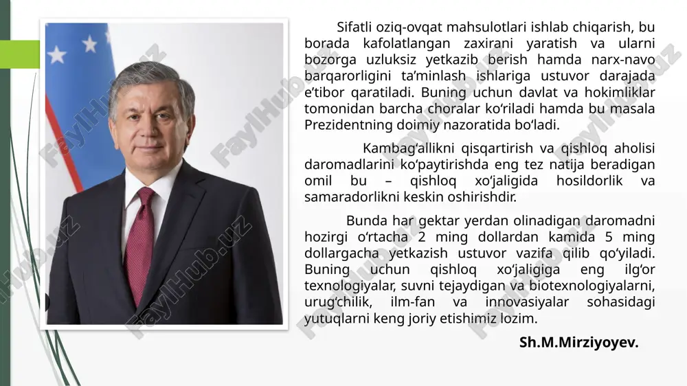 oy va boshqa rivojlangan davlatlari iqtisodchi olimlari tomonidan oziq-ovqat sanoatini rivojlantirish bo‘yicha ilmiy-tadqiqotlarni amalga oshirishga alohida e’tibor qaratilmoqda. magistrlik dissertatsiyasi mavzusining asoslanishi va uning dolzarbligi. avvalo, oziq-ovqat xavfsizligi masalasi ustuvor boʻladi. 2025 yildan qashqadaryo kartoshka, meva, parranda goʻshti va tuxum boʻyicha oʻzini oʻzi toʻliq taʼminlashga oʻtadi. bu borada xorijiy investorlar ishtirokida 16 ta yirik loyiha shakllantirilgan. misol uchun, gʻuzor, qamashi, shahrisabz tumanlarida 300 gektarda zamonaviy bogʻ barpo etiladi. unda yiliga qoʻshimcha 4 ming tonna meva yetishtirilib, 600 ta ish oʻrni yaratiladi. koʻkdala, chiroqchi, shahrisabz, koson va nishon tumanlari hududida qovun va organik sabzavotlar yetishtirish kengaytiriladi. tarvuz konsentranti tayyorlash, shok usulida muzlatish va sublimatsion quritish yoʻlga qoʻyiladi davlatimiz rahbari bugungi koʻrsatkichlar viloyat imkoniyatlariga mos emasligini taʼkidlab, natijadorlikni oshirish boʻyicha koʻrsatmalar berdi. tashabbuskorlar bilan ishlab, sanoat, qishloq xoʻjaligi va xizmatlar sohasida yana 300 million dollarlik loyihalarni ishlab chiqish vazifasi qoʻyildi. tadqiqot maqsadi va obyekti oziq-ovqat sanoati korxonalari faoliyatini samarali rivojlantirish bo‘yicha ilmiy …