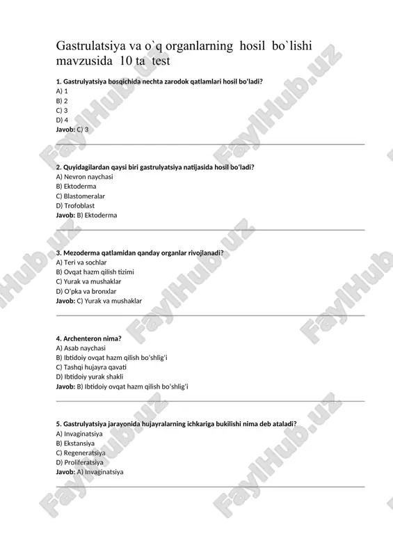 neratsiya d) proliferatsiya javob: a) invaginatsiya 6. o‘q organlariga quyidagilardan qaysi biri kiradi? a) yurak b) nefron c) notochorda d) jigarrang yog‘ javob: c) notochorda 7. notochorda qaysi zarodok qatlamidan rivojlanadi? a) ektoderma b) mezoderma c) endoderma d) blastoderma javob: b) mezoderma 8. nevrulyatsiya jarayonida qanday tuzilma hosil bo‘ladi? a) qon tomirlar b) nevron naychasi c) ovqat hazm qilish yo‘llari d) ko‘z parda javob: b) nevron naychasi 9. ektodermadan qaysi organlar hosil bo‘ladi? a) yurak va buyrak b) ichak va jigar c) teri va asab tizimi d) qon va suyaklar javob: c) teri va asab tizimi 10.gastrulyatsiyaning asosiy ahamiyati nimada? a) tashqi ko‘rinishni shakllantirish b) genetik axborotni yangilash c) organlar tizimini to‘liq hosil qilish d) zarodok qatlamlarini hosil qilish javob: d) zarodok qatlamlarini hosil qilish provizor organlar mavzusi bo‘yicha 10 ta glossariy: 1. provizor organlar – embrion rivojlanishida vaqtincha (vaqtinchalik) hosil bo‘lib, tug‘ilishdan oldin yo‘qoladigan organlar; ular homila rivojlanishiga xizmat …