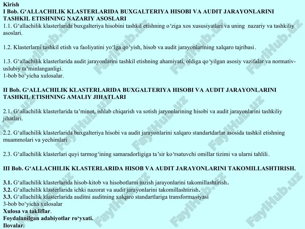 armonida milliy iqtisodiyotni jadal rivojlantirish va yuqori oʻsish surʼatlarini taʼminlashda klasterlash siyosatini izchil davom ettirish belgilab berilgan. ammo olimlar tomonidan klasterlar faoliyatini yoʻlga qoʻyish, samarali tashkil etish va moliyalashtirish tizimini takomillashtirish boʻyicha hali yetarlicha ilmiy tadqiqotlar olib borilmagan. ayniqsa, klasterlarni tashkil etish tamoyillari, samarali moliyalashtirish hamda klaster tuzilmalari shakli va ularning asosiy xususiyatlarini oʻrganish dolzarb vazifa sifatida qolmoqda. gʻallachilik klasterlarida hisob va audit jarayonlarining amaldagi tizimi gʻallachilik klasterlarida hisob va auditning muammolarining mavjudligi va ularni bartaraf etish imkonini bermaydi. mamlakatimizda hamon bu masalalar buxgalteriya hisobi va auditning xalqaro standartlari va boshqa meyoriy hujjatlar talablari darajasida ilmiy jihatdan toʻliq hal etilmagan. bundan tashqari, iqtisodchi olimlar tomonidan gʻallachilik klasterlarida hisob va audit jarayonlarining takomillashtirish boʻyicha hozirgacha bajarilgan tadqiqotlar bu boradagi muammolarning zamonaviy yechimlarini batafsil qamrab olmaydi. shuningdek, respublikamizda gʻallachilik klasterlarida hisob va audit jarayonlarini takomillashtirishga bagʻishlangan ilmiy tadqiqot ishlarinini olib borilmaganligi tanlangan mavzuning nihoyatda dolzarbliligidan dalolat beradi. mavzuning o‘rganilganligi. gʻallachilik klasterlarida hisob …