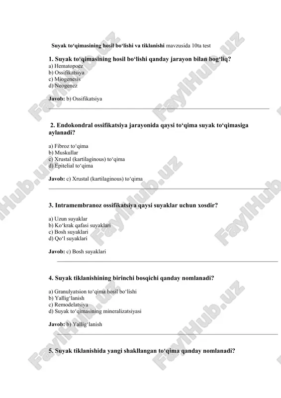 qimadan rivojlanadi. bu jarayon bosh suyaklari va boshqa ba'zi suyaklar uchun xosdir. suyak to‘qimasining hosil bo‘lishi va tiklanishi mavzusida 10ta test 1. suyak to‘qimasining hosil bo‘lishi qanday jarayon bilan bog‘liq? a) hematopoez b) ossifikatsiya c) miogenesis d) neogenez javob: b) ossifikatsiya 2. endokondral ossifikatsiya jarayonida qaysi to‘qima suyak to‘qimasiga aylanadi? a) fibroz to‘qima b) muskullar c) xrustal (kartilaginous) to‘qima d) epitelial to‘qima javob: c) xrustal (kartilaginous) to‘qima 3. intramembranoz ossifikatsiya qaysi suyaklar uchun xosdir? a) uzun suyaklar b) ko‘krak qafasi suyaklari c) bosh suyaklari d) qo‘l suyaklari javob: c) bosh suyaklari 4. suyak tiklanishining birinchi bosqichi qanday nomlanadi? a) granulyatsion to‘qima hosil bo‘lishi b) yallig‘lanish c) remodelatsiya d) suyak to‘qimasining mineralizatsiyasi javob: b) yallig‘lanish 5. suyak tiklanishida yangi shakllangan to‘qima qanday nomlanadi? a) kartilaginous to‘qima b) fibroz to‘qima c) granulyatsion to‘qima d) epitelial to‘qima javob: c) granulyatsion to‘qima 6. osteoblastlar qanday vazifani bajaradi? a) suyakni parchalaydi b) yangi suyak to‘qimasini …