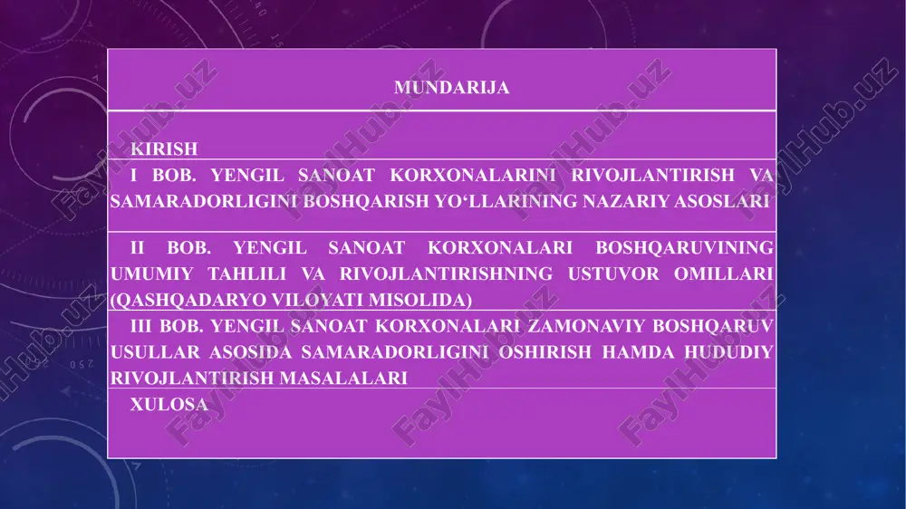 baholashning ko‘rsatkichlar tizimini ishlab chiqish yengil sanoat korxonalarini rivojlantirish va samaradorligini oshirishning boshqarish strategiyasini ishlab chiqish i bob. yengil sanoat korxonalarini rivojlantirish va samaradorligini boshqarish yo‘llarining nazariy asoslari yengil sanoat jahon mamlakatlari iqtisodiyotining muhim tarmoqlaridan biridir. tarmoq turli xil xom ashyodan keng isteʼmol mahsulotlari va buyumlari ishlab chiqarishga ixtisoslashgan sanoat tarmoqlari majmui hisoblanib, tarmoq korxonalari faoliyati xom ashyoga dastlabki ishlov berishga, yoki tayyor mahsulot ishlab chiqarishga, yoki har ikkalasining umumlashgan shakliga yo’naltirilgan. ushbu tarmoq rivojidagi turli parametrlar bo‘yicha tebranishlar yengil sanoatning o‘ziga xos xususiyatlari bilan chambarchas bog‘liq deyish mumkin. manbalarda tarmoqning bir qator xususiyatlari alohida ta’kidlanadi. quyida ushbu xususiyatlar bo‘yicha o‘z tavsiflarimiz keltirib o‘tildi. tarmoqning hududga va iste’molchilarga kuchli bog‘liqligi - bu xususiyat tarmoqda ishchi kuchi hudud aholisiga, xom-ashyo resursi manbasining joylashuviga, infratuzilmasiga hamda iste’mol mahsulotlarini ishlab chiqarishga ixtisoslashuvi bilan bog‘liq; aholining iqtisodiy darajasiga bog‘liqligi - bu xususiyat tarmoq bozorining aholi iste’mol darajasiga kuchli bog‘lanishi bilan tavsiflanadi; tarmoqning mamlakat milliy …