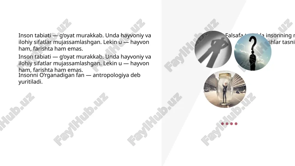 amiyatga ega. shaxs - bu muayyan ijtimoiylashuv jarayonining natijasigina emas, bu uzluksiz o‘sib boruvchi jarayon. agar doimiy rivojlanish, kamolotga intilish, olg‘a harakat bo‘lmasa, u holda shaxs buzilishi, degradatsiyaga duchor bo‘lishi mumkin. 6 7 insonning olijanob fazilatlari yetuk shaxslar timsolida o‘z aksini topadi. insonga xos bo‘lgan barcha xususiyatlar shaxs faoliyatida, uning jamiyatda tutgan o‘rnida, uning o‘z moddiy va ma’naviy ehtiyojlarini qondirishida, muayyan mafkurani amalga oshirishida yaqqol ko‘rinadi. 7 8 ongning mohiyati, strukturasi va funksiyalari. inson mohiyatini falsafiy bilish ulkan tarbiyaviy ahamiyatga ham ega. inson falsafasi har bir yangi tarixiy davrda inson mohiyati, uning jamiyatda tutgan o‘rni va ahamiyatini chuqurroq anglashga yordam beradi. insonga xos xususiyat va fazilatlarni bilish orqali talaba o‘zida shunday sifatlarni shakllantirishga intiladi. 8 9 onglilik va ongsizlik dialektikasi. onglilik va ongsizlik muammosi”ga oid izlanishlarida ilmiy ijodda onglilik va ongsizlik muammosining zamonaviy ilmiy-falsafiy va metodologik-qiyosiy tahlili berilib, ijodiy tafakkur, fikrlash madaniyati, ilmiy dunyoqarashni shakllantirish, tafakkurni rivojlantirish, sub’ektiv voqelikning ong …
