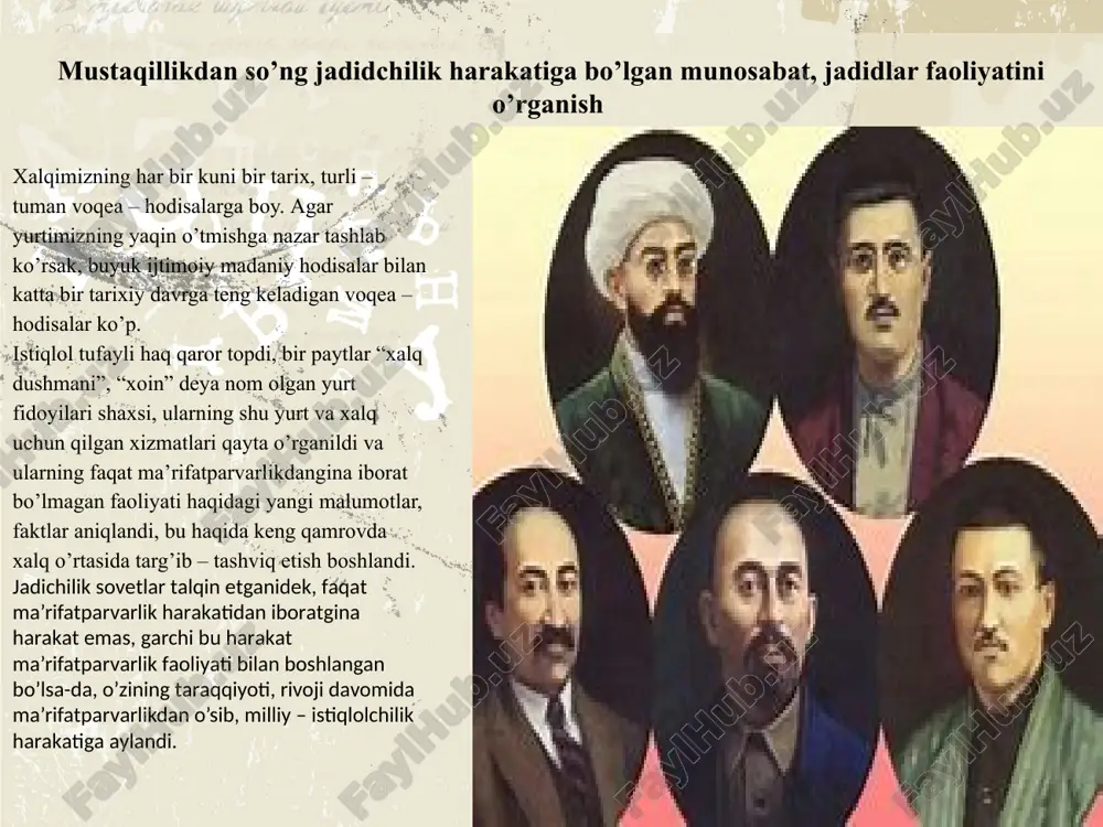 ri yurtimizda bugungi talim tizimida shaxsni, mustaqil fikrlaydigan, ruhan va jismonan sog’lom, har tamonlama komil insonlarni tarbiyalashdek buyuk maqsad qo’yilgan. ana shu maqsadni amalga oshirishda turkiston jadidlarining amalga oshirgan ishlarini o’rnak qilib ko’rsatishga qaratilgan mashg’ulotlarni olib borish, mashg’ulotlar tasirchanligini oshirish uchun yangi pedagogik uslublaridan oqilona foydalanish kerak. i karimov aytganidek, fidoyi jadidlarimiz hayoti biz uchun o’rnak, yoshlarni istiqlol, vatanparvarlik, millatparvarlik ruhida tarbiyalashda jadidlar faoliyati muhim ahamiyatga ega, ularning bosib o’tgan kurash yo’lini o’rganish zarur. “jadidchilarning ma'rifatchilik harakati” fanining vazifasi jadidchilik deb atalgan milliy harakat bag’rida shakllanib, shuhrat topgan zotlar bilim salohiyatlari jon fidokorliklari insoniylik xislatlari va eng muhimi ijtimoiy, ma'naviy - siyosiy g’oyalari bilan tariximiz salnomalaridan abadiy joy olganliklarini talabalarga o’rgatishdir. -turkiston chor rossiyasi tomonidan zabt etilib mustabid tuzum orqali tanazzulga yuz tutganligi, xalqning og’ir iqtisodiy ahvoli jahonning taraqqiy etgan mamlakatlaridan iqtisodiy jihatdan orqada qolishi madaniy qoloqlik, ijtimoiy ongdagi 13 turg’unlik, milliy qadriyatlarning toptalganligi jadidlarni jahon tajribasidan foydalanib, tezlikda bu …