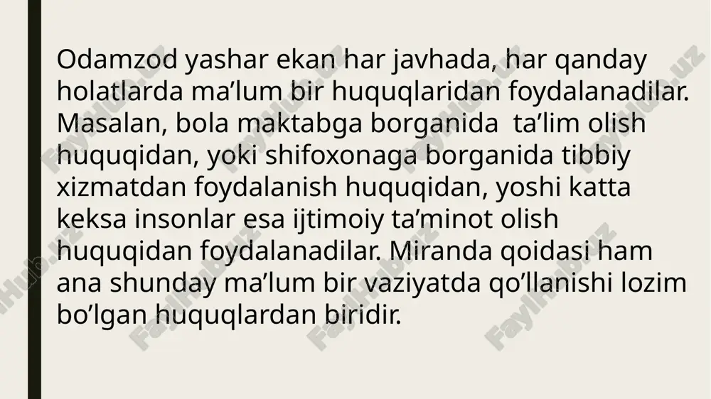 nishgan. buni noqonuniy ekanligini uni himoya qilayotgan alvin mur ismli 73 yoshli advokat tomonidan aniqlanib, sud jarayonida u himoyasidagi shaxsning huquqlari tushuntirilmagani, shuning uchun ham aybiga iqrorlik ko’rsatmasi hamda qonunbuzarliklar bilan olingan boshqa dalillar sud ishidan olib tashlanishi kerakligini ta’kidlagan. garchi birinchi instansiya sudi advokat murning dalillariga ishonmagan bo’lsada, keyinchalik 1966-yil 13-iyunda aqsh oliy sudi mirandaning huquqlari buzilgan, deb topgan va undan iqrorlikni olib tashlagan holda ishni qayta ko’rib chiqishga qaror qilgan. shundan so’ng amerika politsiyasida so’roqdan oldin hibsga olinganlarning huquqlarini o’qishi tyo’g’risida majburiy tartib joriy qilinib, mazkur qoida “miranda qoidasi” sifatida atala boshlangan. xalqaro huquqda ta’kidlash kerakki, bugungi kunda “miranda qoidasi” inson huquqlariga oid xalqaro hujjatlar hamda ko’plab davlatlar konstitutsiyasi va qonunlariga umume’tirof etilgan norma sifatida kirib kelgan. masalan fransiya qonunchiligiga ko’ra, huquqni muhofaza qiluvchi organlar tomonidan hibsga olinib, so’roq qilinayotgan shaxsga hibsga olishning maksimal muddati, qarindoshlari yoki ish beruvchini hibsga olingani haqida xabardor qilish huquqi haqida ma’lumot berili …