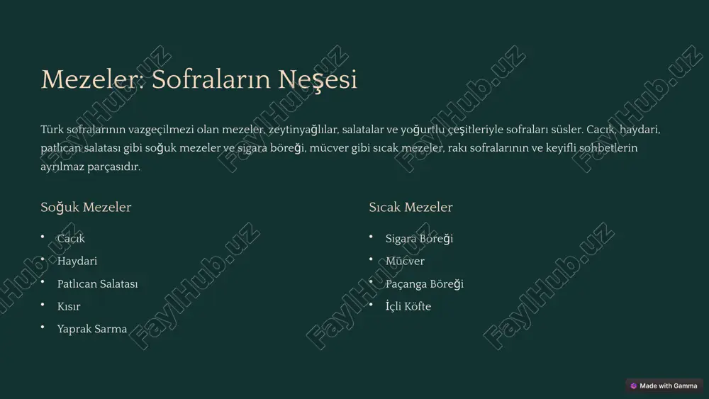 e hingel gibi farklı çeşitleri vardır. bulgur pilavı i̇ç pilavı şehriyeli pilav mantı 5 tatlılar: ağızları tatlandıran lezzetler türk tatlıları, şerbetli, sütlü ve meyveli çeşitleriyle damakları şenlendirir. baklava, en ünlü türk tatlısıdır ve farklı yörelerde farklı çeşitleri bulunur. künefe, özellikle hatay yöresine aittir. sütlaç, kazandibi ve aşure gibi geleneksel tatlılar da oldukça popülerdir. baklava 1 künefe 2 sütlaç 3 kazandibi 4 aşure 5 6 i̇çecekler: türk misafirperverliği türk çayı, günün her saatinde tüketilir ve misafir ağırlamada önemli bir yere sahiptir. türk kahvesi, geleneksel pişirme yöntemi ve sunumuyla dünyaca ünlüdür. ayran, şalgam suyu ve boza gibi geleneksel içecekler de türk mutfağının önemli bir parçasıdır. 100 çay günün her saati 40 kahve geleneksel sunum 30 ayran yoğurtlu 7 türk mutfağının mirası türk mutfağının zenginliği ve çeşitliliğinin korunması ve gelecek nesillere aktarılması önemlidir. türk mutfağı, dünya gastronomisinde önemli bir yere sahiptir. restoranlar, yemek kursları ve seyahatler aracılığıyla türk mutfağını deneyimlemek mümkündür. türk mutfağı, …
