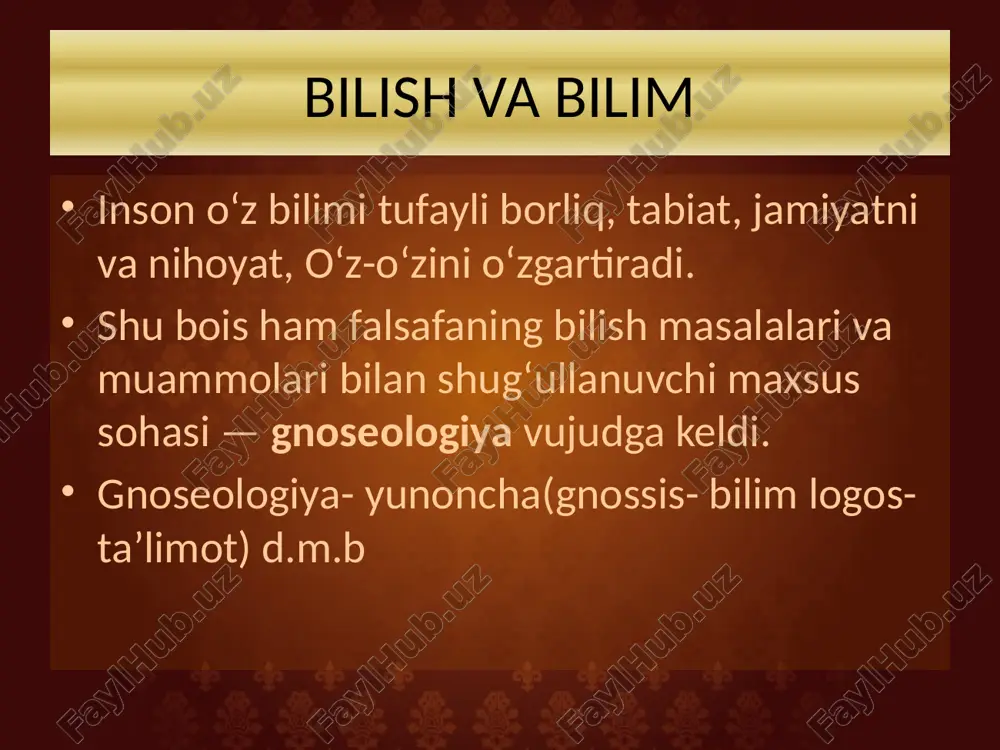 n tadqiqotchi-olimlar, ilmiy jamoalar, ilmiy tadqiqot institutlari ham alohida bilish sub’ektlaridir. ilmiy faoliyat tabiat va jamiyat mohiyatini bilishgagina emas, balki insonning o‘ziga ham qaratilishi mumkin. inson va butun insoniyat ayni bir vaqtda ham bilish ob’ekti, ham bilish sub’ekti sifatida namoyon bo‘ladi. bilish predmeti bilish predmeti sub’ektning bilish faoliyati qamrab olgan bilish ob’ektining ayrim sohalari va tomonlaridir. fanning o‘rganish sohasi tobora konkretlashib boradi. tabiatshunoslik fanlarini bilish predmetiga qarab botanika, zoologiya, geografiya, ixtiologiya va boshqa sohalari vujudga kelgandir. gnoseologiyaning maqsad va vazifalari gnoseologiyaning maqsad va vazifalari, bilishning mohiyati va mazmuni to‘g‘risida zarur bilimlarga ega bo‘lish mamlakatimizda bilimdon, har jihatdan yetuk barkamol inson shaxsini shakllantirishda alohida o‘rin tutadi. bilar edim bilib oldim bilmoqchiman gnoseologiyaning maqsad va vazifalarini bilish obyekti, subyekti va predmetini bilish jarayoninig mezonlarini image2.png image3.jpg image4.jpg image5.jpg image1.png /docprops/thumbnail.jpeg