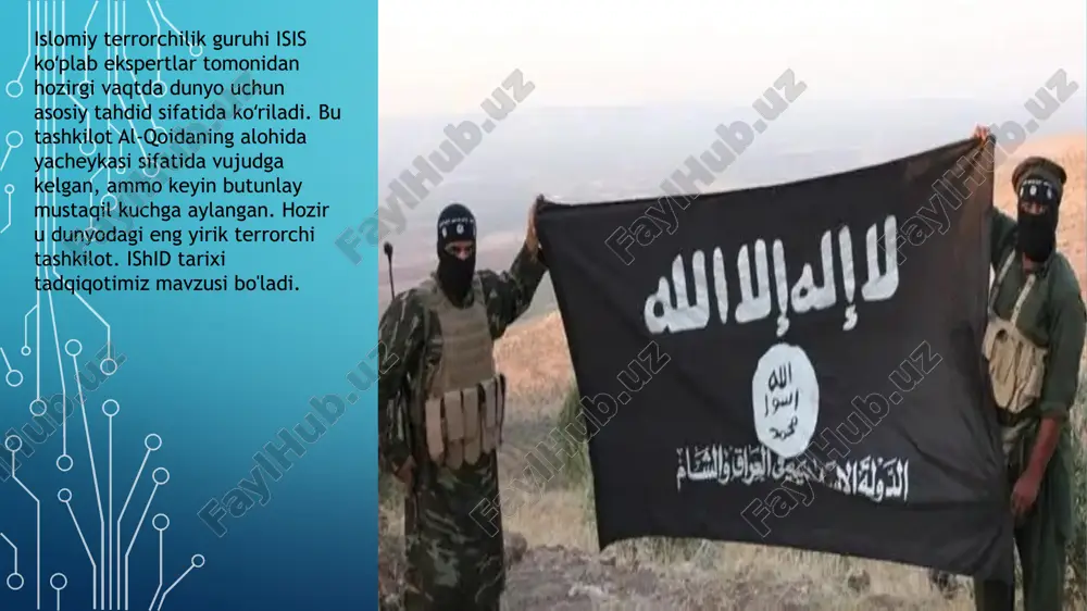 11-yil suriya prezidenti bashshor asadga qarshi g'alayon sifatida boshlangan suriya fuqarolar urushi ishid uchun yangi imkoniyatlarni yaratdi 3. mintaqaviy kuchlarning raqobati: yaqin sharqdagi turli davlatlar o'rtasidagi geosiyosiy raqobat va manfaatlar to'qnashuvi mintaqadagi beqarorlikni kuchaytirdi va ekstremistik guruhlarning rivojlanishiga zamin yaratdi. 4. ijtimoiy va iqtisodiy muammolar: mintaqadagi ishsizlik, qashshoqlik va ijtimoiy adolatsizlik kabi muammolar yoshlar orasida norozilikni kuchaytirdi va ularning radikal guruhlarga qo'shilishiga sabab bo'ldi. ishid guruhining nazorat ostidagi hududlar image2.png image1.jpeg image3.jpeg image4.jpg image5.webp image6.webp image7.jpg image8.jpg image9.webp image10.jpg image11.webp image12.png 676210320