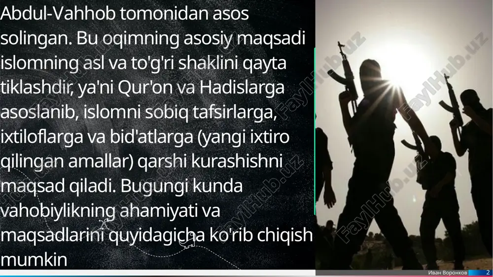 ba'zi hududlarda diniy ziddiyatlar va ijtimoiy kelishmovchiliklarni keltirib chiqarishi mumkin. 5 ivan voronkov 5 6 vahobiylik, bugungi kunda nafaqat saudiya arabistonida, balki boshqa ko'plab musulmon mamlakatlarida ham ta'sirga ega. saudiya arabistoni o'zining katta resurslari bilan vahobiylikni global miqyosda tarqatish uchun ko'plab islomiy markazlarni, universitetlarni va masjidlarni moliyalashtirgan. bu, ayniqsa, markaziy osiyo, shimoliy afrika va yaqin sharqda muhim ahamiyatga ega. bundan tashqari, vahobiylikning ta'siri nafaqat diniy, balki siyosiy hamdir. saudiya arabistoni va boshqa vahobiy guruhlar o'rtasidagi munosabatlar, xalqaro siyosatda muhim rol o'ynaydi. ba'zi mamlakatlar, masalan, aqsh, saudiya arabistonining siyosiy va iqtisodiy ta'sirini hisobga olib, vahobiylikni o'zlarining tashqi siyosatida muhokama qiladilar. ivan voronkov 6 7 . vahobiylik va diniy dialog vahobiylikning siyosiy va diniy ta'siri, ba'zida boshqa islomiy oqimlar, masalan, shia musulmonlari bilan qarama-qarshiliklarga olib keladi. vahobiylik va shia islomining o'rtasida katta tafovutlar mavjud, chunki vahobiylar, shia amallarini islomdan tashqari deb hisoblaydilar. bu esa, ayrim hududlarda diniy zo'ravonlikka va ijtimoiy ziddiyatlarga olib …