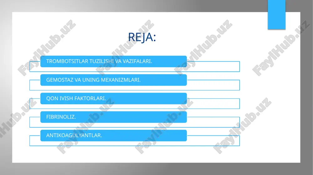 xia ixa xa viii a xa +fosfolipid= protrombinaza bu davr 5 daqiqa davom etadi. 2-davr protrombinaza protrombin trombin 3-davr. fibrinogen trombin ta'sirida fibrin monomeriga aylanadi. fibrin monomeri iv faktor yordamida eruvchan fibrin polimeriga, u esa xiiia faktor ta'sirida erimaydigan fibrin polimeriga aylanadi so'ng u qon shaklli elementlari bilan qo'shilib qon lahtasini hosil qiladi. bunga 2-3 soat vaqt ketadi. qon gurhlari qon guruhlari, qonning transport va immun tizimini ta'minlash uchun muhimdir. ular oksigenni o'rgangan va karbondioksiddan qutqarishda muhim rol o'ynaydi. rezus faktor rezus faktor, qonning xususiyati bo'lib, agar insonning qonida rh antigeni bo'lsa, ul arning pozit iv bo'lishi, aks holda negativ bo'lis hi mumkin. qon qo'yish asoslari qon qo'y is h asoslari, qonning tuzilishi va xususiyatlarini aniq lash uchun muhimdir. u lar qonning tuzilis h va funktsiyalarini belgilab beradi. qon guruhlari ning turlari, insonlarning qonida antigenlarning mavjudligiga bog'liqdir. bu antigenlar, qon qo'yish jarayonida muqobil bo'lishi mumkin. qon guruhlarining turlari fibrinoliz fibrin …