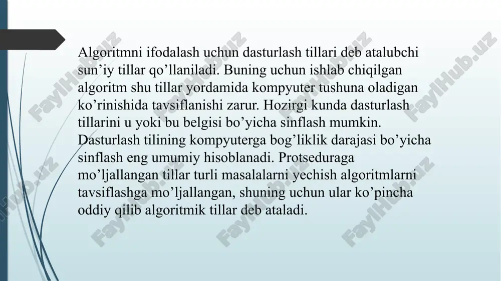 siya deb nomlanadi. kompilatsiya bu dasturlash tilida yozilgan kodni mashina tushunadigan tilga to'g'ridan-to'gri o'girish jarayoni. mashina tiliga o'giruvchi programma esa kompilyator deb nomlanadi. kompilyator butun kodni bir vaqtda skan qiladi va agar kodda xatoliklar bo'lsa koddagi barcha xatoliklarni ko'rsatadi, agar xatolik bo'lmasa uni ishga tushiradi. kompilyatorga misollar: javac (java kompilyatori), c (c kompilyatori), cpp (c++ kompilyatori) interpretatsiya jarayonida esa dasturlash tilida yozilgan kod mashina tiliga to'g'ridan-to'gri o'girilmaydi. uning o'rniga boshqa bir programma kodni o'qiydi va uni ishga tushiradi. ya'ni o'rtada bir boshqa programma vositachi bo'lib turadi. usha vositachi programmaga interpretator deyiladi. misol uchun siz kodda «+» amalini bajarmoqchi bo'lsangiz, interpretator siz kodda yozgan «+» amalini o'zining versiyasi bilan almashtiradi va so'ngra uni mashina tiliga o'giradi. interpretator kodni satrma-satr skan qiladi va agar biror satrda xatolik bo'lsa darhol xatolikni ko'rsatadi va skan qilishni tohtatadi, agar satrda xatolik bo'lmasa darhol usha satrdagi kodni ishga tushiradi. interpretatorlarga misollar: ruby, phyton, gw basic. ba'zi …