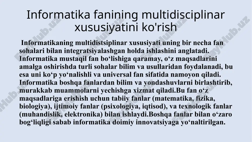 va axborot xavfsizligi deepfake texnologiyasi: sun’iy intellekt yordamida odamlarning ovozini yoki qiyofasini o‘zgartiruvchi texnologiya rivojlandi. bu san’at va ta’limda foydali, ammo xavfsizlik va axloqiy muammolarni ham keltirib chiqarmoqda. jinoyatchilikni prognoz qilish: politsiya departamentlari katta ma’lumotlardan foydalanib, jinoyat sodir bo‘lish ehtimolini oldindan aniqlash tizimlarini yaratmoqda (masalan, predpol). onlayn ijtimoiy harakatlar: metoo va boshqa kampaniyalar ijtimoiy tarmoqlarda tashkil etilgan bo‘lib, ma’lumotlarning tarqalishi informatika yordamida boshqariladi. ta’lim texnologiyalari intellektual repetitor tizimlari: duolingo, khan academy kabi platformalar o‘quvchining darajasiga moslashgan mashg‘ulotlarni taklif etadi. ar/vr darsliklar: virtual reallik orqali tarixiy joylarga “sayohat” qilish yoki murakkab biologik jarayonlarni ko‘rgazmali ravishda o‘rganish imkoniyati mavjud. blended learning: informatika ta’limda aralash o‘qitish usullarini qo‘llashda muhim o‘rin tutadi, masalan, google classroom. e‘tiboringiz uchun tashakkur image1.png /docprops/thumbnail.jpeg