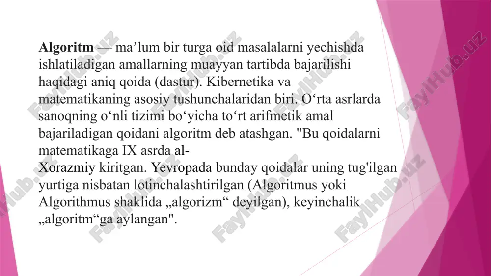 algoritmdir. algoritm va uning turlari. algoritmlar tushunchasi va uning asosiy xossalari, algoritmlarni tasvirlash usullari, rekursiya va iteratsiya, algoritmlarning murakkabligi tushunchasi, algoritm turlari, samarali algoritmlar ishlab chiqishning asosiy usullari, algoritmik tillar. umumiy algoritmlar nazariyasi. umumiy algoritmlar nazariyasiga doir asosiy kashfiyotlar. reduktsiya printsipi. algoritm va hisoblash jarayonlari orasidagi bog’lanish. xatoliklarning algoritmlar ishonchligiga ta'siri. hisoblash usullarida xatoliklarni inobatga olish usullari. algoritmlarni baholash mezonlari va tahlil qilish usullari. ikki tomonlama algoritmlar. chiziqli ro’yxatlar va ular ustida asosiy amallar. tarmoqlar, daraxtlar, ularning turlari. tanlash va joylashtirish turkumidagi murakkablikka ega saralash algoritmlari. saralash usullarini taqqoslash. izlash algoritmlari. rekursiya va rekursiv funktsiyalar. matematik induktsiya. rekursiv va iteratsion algoritmlarni qiyoslash. samarali mashina algoritmlarini tuzish usullari. rekursiya va iteratsiya, algoritmlarning murakkabligi tushunchasi, algoritmik tillar. steklar, navbatlar, algoritmlar tahlili. algoritmlarni saralash usullari, sodda saralash, tezkor saralash, almashish usulida saralash, tanlash usulida saralash. algoritmning tuzilishi algoritm boshqa tuzilishga ega boʻlishi mumkin. tushunchasi uning tuzilishiga ham bog'liq bo'lgan algoritmni tavsiflash uchun siz …