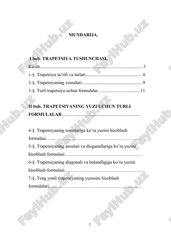 malumotlarga ko’ra uning ikki asosi bilan balandligi topiladi, so’ng esa yuqoridagi formuladan foydalanib uning yuzi topiladi. 5. ishning ilmiy ahamiyati. biz ko’pgina hollarda turli shakllarni yuzini hisoblash masalasiga duch kelamiz. bunday holda bu shaklni yuzini hisoblash uchun uni turli trapetsiyalarga ajratiladi va shu trapetsiyaning yuzini hisoblash masalasiga olib kelinadi. shuning uchun trapetsiyaning yuzasini hisoblash masalasi ilmiy ahamiyatga ega. 6. ishning amaliy ahamiyati. mazkur diplom ishi har qanday trapetsiya uchun uning yuzasini hisoblash formulasini kiltirib chiqarishdan iborat. 7. ishning tuzilishi. bitiruv ishi mundarija, kirish qismi, ikkita bobdan iboratdir. birinchi bobda uchta paragiraf mavjud. ikkinchi bob esa to’rtta paragirafni o’z ichiga oladi. bundan tashqari xulosa va adabiyotlar ro’yxati ham keltirilgan. 8. ishning qisqacha mazmuni. tarif. trapetsiya faqat ikkita qarama-qarshi tomonlari parallel qavariq to’rtburchakdir. bu parallel tomonlar trapetsiyaning asoslari deb aytiladi. parallel bo’lmagan tomonlari uning yon tomonlari deyiladi. tarif. agar trapetsiyaning yon tomonlarining uzunliklari teng bo’lsa, unday trapetsiyaga teng yonli trapetsiya deyiladi. trapetsiyaning …