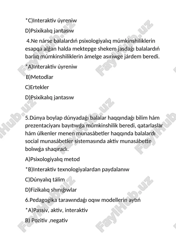 r ósip úlkeygen payıtlarında jaslıǵında payda boladı hám olarda ózlerin hám ideyaların ańlatpa etiwdiń kóplegen usılları bar. a)waldorf usılı *b) regjio emiliya usılı. c)play way usılı d)bank kóshe usılı 12. balalar oyın-kúlkini jaqsı kóredi hám bul mektepke shekem tárbiya oyın usılın tálim usılı retinde isletedi. olar oynawdan dúzilgen iskerlikti úyrenedi. a)waldorf usılı b) regjio emiliya usılı. *c)play way usılı d)bank kóshe usılı 13. bul usıldıń maqseti balalardı ómirlik úyreniwge baslaydı. balalarǵa jay faktlardı yadlatıwdıń ornına, basqatirmalar,ekskursiyalar hám bloklar sıyaqlı úyreniwdiń basqa usılları beriledi. a)waldorf usılı b) regjio emiliya usılı. c)play way usılı *d)bank kóshe usılı 14.bul tek ǵana turmısta ushırasıw ushın ájayıp múmkinshilik bolǵanı ushın, bálki pútkil turmısı dawamında hár tárepleme bárkámal oqıwshı hám shaxs bolıw ushın tiykar dóretkenligi ushın bala turmısındaǵı zárúrli waqıt? *a) mektepge shekemgi tárbiya b)mektep tárbiyası c)oqıw tárbiyası d)joqarı tárbiya 15. ...- mashqalalardi tabıslı sheshiwge múmkinshilik beredi: úlkenler hám balalar menen biypul baylanıs ornatıw ; balalardıń …