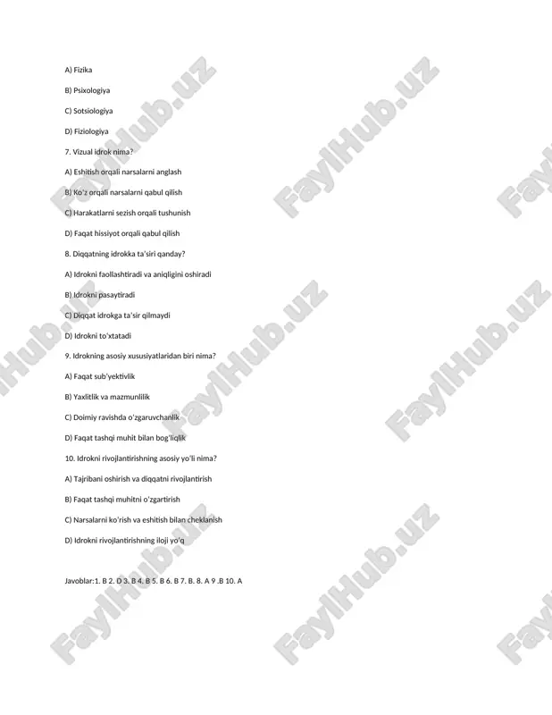 tlarini o‘rganish b) shaxsning individualligi va psixologik xususiyatlarini o‘rganish c) tashqi muhitning ta’sirini o‘rganish d) faqat hissiy holatlarni o‘rganish 2. shaxsning temperament turlaridan biri nima? a) introvert b) ekstravert c) melanxolik d) ijodiy 3. shaxs motivatsiyasining asosi nima? a) faqat moddiy ehtiyojlar b) shaxsning ichki ehtiyojlari va maqsadlari c) tashqi muhitdagi ta’sirlar d) tasodifiy omillar 4. qaysi shaxs turi analitik fikrlashga moyil bo‘ladi? a) melanxolik b) flegmatik c) sangvinik d) cholerik 5. shaxsning o‘zini anglash jarayoni qanday nomlanadi a) idrok b) o‘zlikni anglash c) hissiylik d) faoliyat 6. shaxsning xulq-atvori qaysi omilga ko‘proq bog‘liq? a) tashqi muhit b) genetik xususiyatlar va tajriba c) moddiy imkoniyatlar d) tasodifiy voqealar 7. ekstravert shaxsning xususiyatlari qanday? a) faqat ichki olamiga e’tibor qaratadi b) ijtimoiy faol, tashqi muhit bilan ko‘proq aloqada bo‘ladi c) hissiyotlarni yashirishga intiladi d) faqat mustaqil bo‘lishga harakat qiladi 8. shaxs xulq-atvorini o‘zgartiruvchi asosiy omil nima? a) faqat stress va sinovlar …