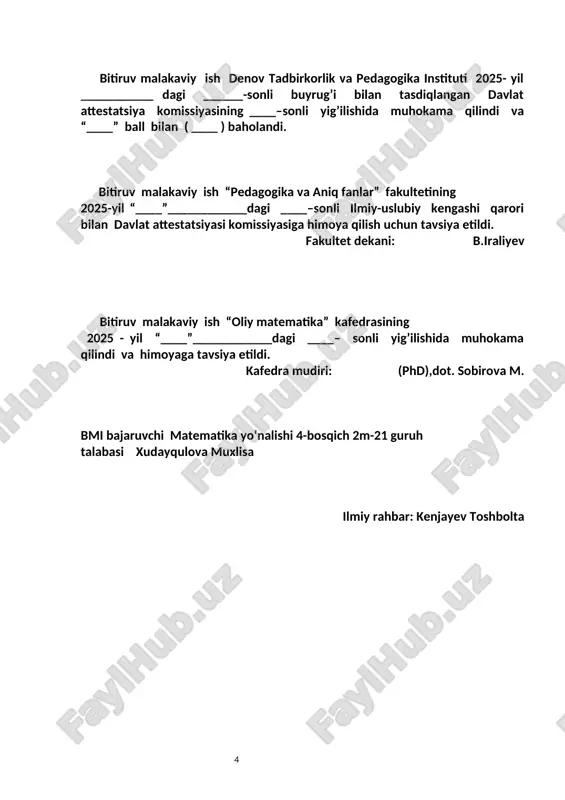 hni aniq usullari..........................................................................32. 2.2. sistemaning umumiy yechimi. gauss usuli. gauss usulining gauss-jordan modifikatsiyasi........................................................................................................44. xulosa.....................................................................................................................60. foydalanilgan adabiyotlar ...................................................................................62. kirish. zamonaviy matematikaning muhim bo‘limlaridan biri bo‘lgan chiziqli algebra turli fanlar – muhandislik, informatika, iqtisodiyot, fizika hamda texnik sohalarda keng qo‘llaniladi. ayniqsa, chiziqli algebraik tenglamalar sistemasi (chats) real hayotdagi ko‘plab masalalarni matematik modellashtirishda asosiy vosita bo‘lib xizmat qiladi. bunday sistemalar orqali elektr tarmoqlaridagi toklarni hisoblash, iqtisodiy modellar tuzish, fizika qonunlarini yechishda tenglamalar hosil qilish va boshqa ko‘plab muammolar yechiladi. ko‘plab amaliy masalalarda tenglamalar sistemasi doimiy sonlar bilan emas, balki parametrlar bilan ifodalanadi. parametrga bog‘liq bo‘lgan chiziqli tenglamalar sistemasi o‘zgaruvchan sharoitlarni yoki turli holatlarni bir vaqtning o‘zida tahlil qilish imkonini beradi. shu sababli, bunday sistemalarni o‘rganish, ularning yechimiga parametrlarning qanday ta’sir qilishini aniqlash, nazariy va amaliy jihatdan dolzarb hisoblanadi. o‘zbekiston respublikasi prezidenti shavkat mirziyoyev o‘zining bir nutqida shunday degan edi: “bugungi kunda raqamli iqtisodiyot, sun’iy intellekt, muhandislik texnologiyalari kabi sohalarda yetakchi bo‘lishimiz uchun matematika …