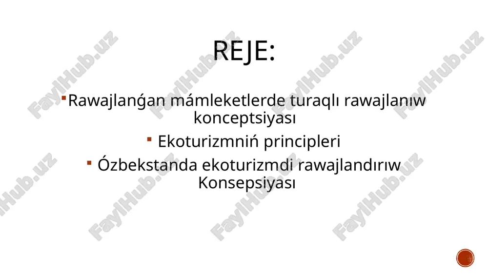 áseleler gruppasına kirgiziw kerek, sol ushın da olarda tábiyiy resursların konservatsiya etiwshi (saqlawshı ) xojalıq tarmaqların rawajlandırıw kerek. ► hár bir mámleket átirap -ortalıq jaǵdayı ushın juwapker. ► tábiyiy shiyki zatlardı qazip alıw, islep shıǵarıw hám qayta islew ilimiy tárepten tiykarlanǵan bolıwı jáne bul processte aldıńǵı texnologiyalardan paydalanıw kerek. óndiriste ideya hám teoriyalardıń qáliplesiwinde isletiletuǵın princip sózi tiykar, talap, negiz mánislerin ańlatqani ushın mámleket tilinde princip dep awdarma etilgen. ekoturizmnin principleri de ekoturizm baǵdarınıń rawajlanıwındaǵı tártip normalarga tıykarlanıwı kerek. yaǵnıy ekoturizmnin principleri ekoturizmnin mánisin, mazmunın, maqseti hám wazıypaların ózinde sáwlelendiriwi kerek. ekoturizmning principlerıni “xalıq aralıq ekoturizm shólkemi” islep shıqqan. bul principler jáhándeǵı barlıq mámleketlerdiń basshılarına tarqatılǵan bolıp, hár bir mámleketlikler ekoturizmdi sholkemlestirgende bul principlerge ámel qılıw talap etiledi: 1. ekoturizm tábiyaatqa qaratılǵan hám tábiyiy resurslardan paydalanıwǵa tiykarlanǵan boliwi. 2. ekoturizm ekologiyalıq turaqlı rawajlanıwǵa hám jasaw ortaligimizga keltirip atirgan ziyanlardi minimallastiriwga tiykarlangan boliwi 3. ekoturizm ekologiyalıq talim hám bilimge jóneltirilgen bolib, …