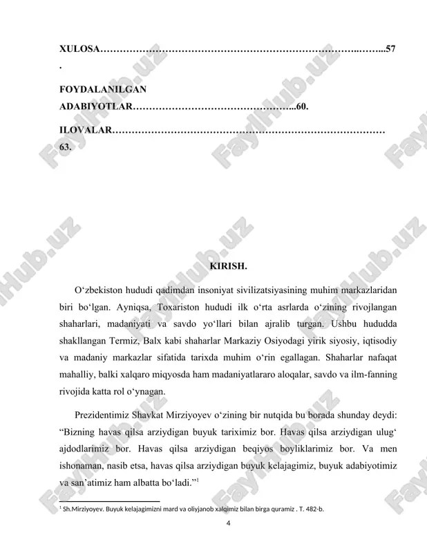 ivojlanish omillari hamda madaniy hayoti tahlil etiladi. bitiruv malakaviy ishi mavzusining dolzarbligi. toxariston hududi markaziy osiyo tarixida muhim o‘rin egallagan mintaqalardan biri bo‘lib, qadimdan buyuk sivilizatsiyalar chorrahasida joylashgan. xususan, ilk o‘rta asrlarda bu hududda shakllangan shaharlar – siyosiy, iqtisodiy, madaniy va diniy hayot markazlari sifatida tarixiy taraqqiyotda muhim rol o‘ynagan. bugungi kunda toxaristonning ilk o‘rta asr shaharlari haqida ilmiy izlanishlarning dolzarbligi tobora ortib bormoqda. bu dolzarblik nafaqat o‘z tariximizni chuqurroq anglashga, balki zamonaviy mintaqaviy madaniyatlararo aloqalarni tushunishga ham xizmat qiladi. avvalo, toxaristonning geografik joylashuvi uning tarixiy ahamiyatini belgilab berdi. bu hudud buyuk ipak yo‘li chorrahasida joylashgan bo‘lib, sharq va g‘arb o‘rtasidagi savdo, madaniy, ilmiy va dini ta’sirlar almashinuvida muhim vositachi bo‘lgan. aynan shuning uchun toxaristonda qadimdan ko‘plab yirik shaharlar — balkh, termiz, kunduz, vaxsh, hisor, hulbuk kabi markazlar vujudga kelgan. ushbu shaharlar orqali o‘tgan savdo yo‘llari sharqiy osiyodan eron, arab xalifaligi va hatto vizantiyaga qadar cho‘zilgan. toxariston shaharlari o‘z zamonasining …