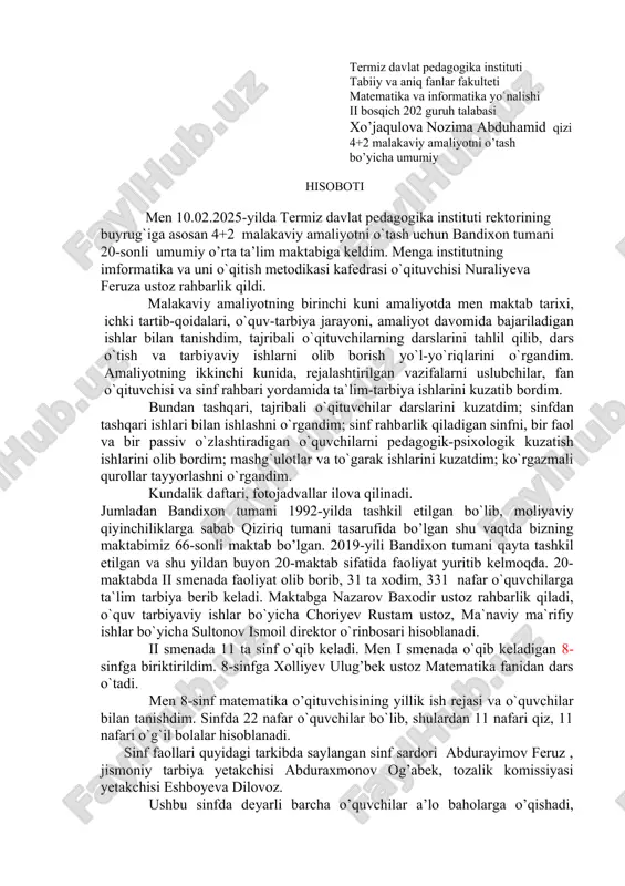 a faoliyat yuritib kelmoqda. 20-maktabda ii smenada faoliyat olib borib, 31 ta xodim, 331 nafar o`quvchilarga ta`lim tarbiya berib keladi. maktabga nazarov baxodir ustoz rahbarlik qiladi, o`quv tarbiyaviy ishlar bo`yicha choriyev rustam ustoz, ma`naviy ma`rifiy ishlar bo`yicha sultonov ismoil direktor o`rinbosari hisoblanadi. ii smenada 11 ta sinf o`qib keladi. men i smenada o`qib keladigan 8-sinfga biriktirildim. 8-sinfga xolliyev ulug’bek ustoz matematika fanidan dars o`tadi. men 8-sinf matematika o’qituvchisining yillik ish rejasi va o`quvchilar bilan tanishdim. sinfda 22 nafar o`quvchilar bo`lib, shulardan 11 nafari qiz, 11 nafari o`g`il bolalar hisoblanadi. sinf faollari quyidagi tarkibda saylangan sinf sardori abdurayimov feruz , jismoniy tarbiya yetakchisi abduraxmonov og’abek, tozalik komissiyasi yetakchisi eshboyeva dilovoz. ushbu sinfda deyarli barcha o’quvchilar a’lo baholarga o’qishadi, jumladan abduraxmonov og’abek, abdurayimov feruz, ibragimova gulsevar, tursunov bekzod, …., ushbu sinf saralab olingan hisoblanadi, yani bilim jihatdan boshqalardan ajralib turgan o’quvchilar yig’ilgan. shuning uchun ularning bilimini yanada oshirish maqsadida eng yaxshi ustozlar …