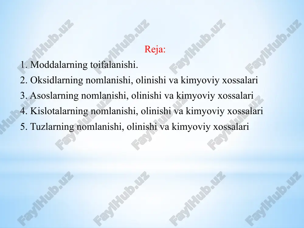 4nh3 + 3o2 = 2n2 + 6h2o 4nh3 + 5o2 = 4no + 6h2o h2s + o2(mo'l) = so2 + h2o fes2 + o2 = fe2o3 + so2 3. asoslarni parchalab cu(oh)2 = cuo + h2o 2fe(oh)3 = fe2o3 + 3h2o 4. ayrim kislotalarni parchalab 4hno3 = 4no2 + o2 + 2h2o h2c2o4 = co + co2 + h2o oksidlarning kimyoviy xossalari 1. oksidlar suv bilan ta’sirlashib, asoslar (ishqorlar)ni yoki kislotalarni hosil qiladi: na2o + h2o = 2naoh 4no2 + o2 + 2h2o = 4hno3 2. asosli oksidlar kislotali oksidlar bilan reaksiyaga kirishib, tuzlar hosil qiladi: cao + sio= casio3 3mgo + p2o5 = mg3(po4)2 3. asosli oksidlar kislotalar bilan ta’sirlashsa, tuz va suv hosi bo’ladi: mgo + h2so4 = mgso4 + h2o cro + 2hcl = crcl2 + h2o 4. kislotali oksidlar asoslar bilan reaksiyaga kirishib, tuz va suv hosil qiladi: co2 + 2naoh = na2co3 + h2o n2o5 …