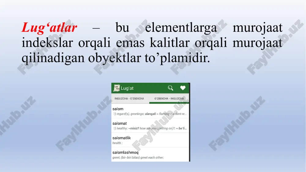 iborat yangi lug’at yaratadi. agar ikkinchi parametrt ko’rsatilmasa, lug’at elementlari qiymati none bo’ladi. masalan: >>> d = dict.fromkeys ([ "a", "b", "s"] ) >>> d { 'a' : none , ' s ' : none, ' b ' : none } >>> d = dict . fromkeys ([ "a", "b", "s "], 0) #ro’yxatni ko’rsatish >>> d {' a': 0, ' s' : 0, 'b': 0} >>> d = dict . fromkeys ( (" a" , "b" , "s " ) , 0) # kortejni ko’rsatish >>> d {' a' : 0, 's' : 0, 'b' : 0} lug'atlar bo'yicha amallar lug'at elementlariga murojaat ichida kalit ko'rsatilgan to'rtburchak qavslar yordamida amalga oshiriladi. kalit sifatida siz o'zgarmas ob'ektni belgilashingiz mumkin. masalan: raqam, satr. lug'atning barcha elementlarini namoyish qilaylik: >>> d = {1: "int", "a": "str", (1, 2): "tuple"} >>> d [1], d ["a"], d [(1, 2)] ('int', 'str', 'tuple') agar ko'rsatilgan …