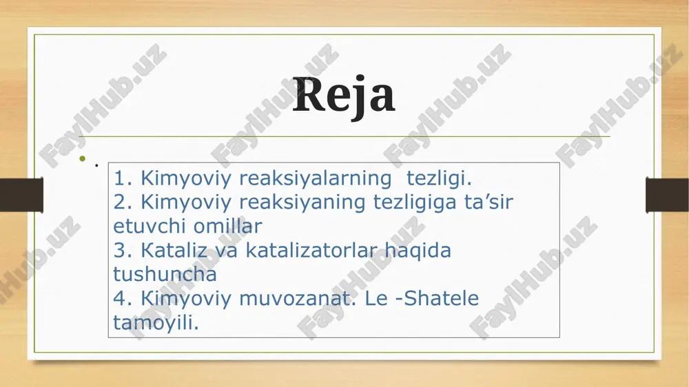aga kirishayotgan moddalarning) tabiatiga, temperaturaga va katalizatorga bog`liq bo`lib, konsentratsiyaga bog`liq emas. reaksiyalarning tezligi k ning qiymati bilan taqqoslanadi. kataliz. reaksiyaning tezligini ozgartirib, reaksiyadan song kimyoviy jiqatdan ozgarmasdan qoladigan modda katalizator deyiladi. katalizator yordamida reaksiya tezligining ozgarishi kataliz deyiladi. reaksiya tezligini oshirishning yana bir usuli katalizatordan foydalanishdir. bazi moddalar – katalizatorlar ishtirokida ayrim reaksiyalarning tezligi oshishi kuzatiladi. katalizator deb reaksiya tezligini oshiradigan, lekin o’zi reaksiya mahsulotlari tarkibiga kirmaydigan moddaga aytiladi. bazi moddalar reaksiya tezligini kamaytiradi, ular ingibitorlar deyiladi. katalizatorlar bir jinsli va geterogenga bo'linadi. bir hil katalizator reaktivlar bilan bir xil fazada bo'ladi va geterogen katalizator geterogen reaktivlarni o'z ichiga olgan fazadan interfeys bilan ajratilgan mustaqil faza hosil qiladi. umumiy katalizatorlar kislotalar va asoslardir. geterogen katalizatorlar sifatida metallar, ularning oksidlari va sulfidlari ishlatiladi. xuddi shu turdagi reaksiyalar bir jinsli va geterogen katalizatorlar bilan sodir bo'lishi mumkin. shunday qilib, kislota eritmalari bilan birga qattiq al2o3, tio2, tho2, aluminosilikatlar va kislotali xususiyatlarga …
