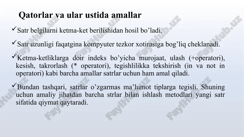 line 1, in s[l0] indexerror: string index out of range satrlar bilan ishlash amallari indeks sifatida manfiy sonni ko’rsatish mumkin. bu holda hisob teskari tartibdaya’ni satr oxiridan boshlanadi, ya’ni -1 elemen satr ohirga belgi bo’ladi. masalan: >>> s = "python" >>> s[-1] , s[len(s)-1] ('n', 'n' ) satrlar bilan ishlash amallari bunday turdagi satrlar ozgarmas turga tegishli bo’lib, indeks bo’yicha belgini o’zgartirish mumkin emas: >>> s = "python" >>> s[0] = "j" # satrni o’zgartirish mumkin emas traceback (most recent call last): file " " , line 1, in s [0] = "j" # satrni o’zgartirish mumkin emas typeerror: 'str' object does not support item assignment satrlar bilan ishlash amallari agar o’zgartirmoqchi bo’lsak, qatroni biror parchasini qirqib olishmiz mumkin. amal formati: [ : : ] bu yerda barcha parametrlar majburiy emas. agar parametri ko’rsatilmasa, qiymat 0 deb qabul qilinadi. agar ko’rsatilmasa, satr ohirigacha olinadi. agar ko’rsatilmasa, qiymat 1 deb olinadi. …