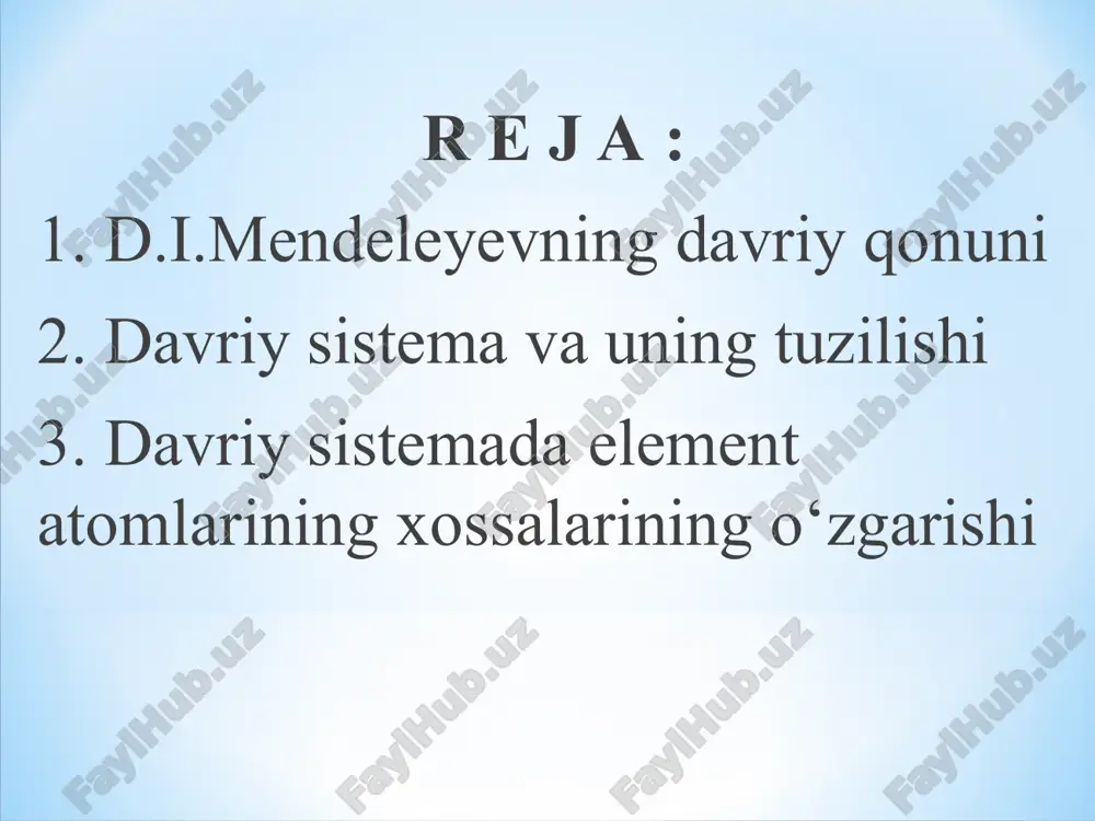 at 11 ta elementning (frantsiy, radiy, aktiniy, skandiy, galliy, germaniy, protaktiniy, poloniy, texnetsiy, reniy, astat) kashf qilinishi kerakligini oldindan aytib berdi. ulardan uchta element (ekabor, ekaalyuminiy va ekasilitsiy) ning barcha kimyoviy va fizik xossalarini batafsil bashorat qildi. 15 yil ichida bu uch element kashf qilinib d.i.mendeleevning bashorati tasdiqlandi. 1875 yil buabodron - galliy - ekaalyuminiyni, 1879 yilda nilson - skandiy - ekaborni va keyinchalik ekasilitsiy - germaniyni vinkler ochdi. d.i.mendeleevning davriy sistemasi uchun taklif etilgan variantlar soni qariyb 200 dan ortib ketdi. lekin bulardan eng muhimlari s.a.shchukaryov, a.verner, n.bor-j.tomson, b.v.nekrasovlar taklif etgan variantlari hisoblanadi. hozirda qo'llanilayotgan davriy sistema eski variantlaridan farq qilib. bu sistemada 8 ta guruh bo'lib, nodir gazlar viii guruhning asosiy guruhchasiga kiritilgan. atom massalar uglerod birligida ko'rsatilgan; vodorod faqat vii guruhga joylashtirilgan. ilgari tartib nomeri bir bo'lgan vodoroddan boshlangan. hozir esa zaryad miqdori nol bo'lgan neytron va antineytron va yana tartib raqami manfiy bo'lgan, ya'ni -1 antivodorod …