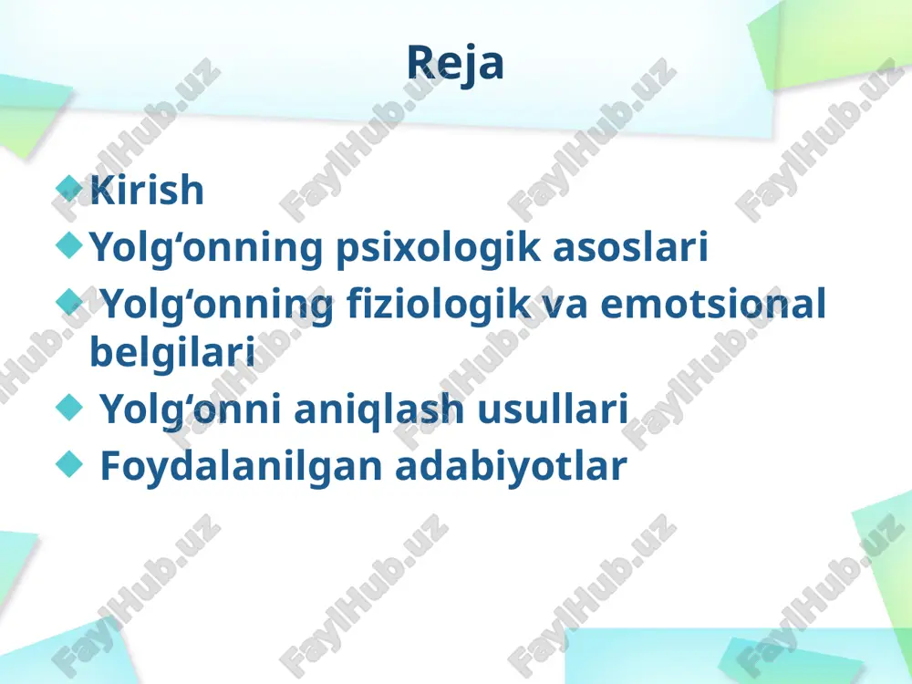 giya sarflaydi va diqqatni chalg‘itadi. yolg‘onning turli shakllari (oq yolg‘on, manipulyativ, o‘zini-oqlovchi va boshqalar). yolg‘onning shakllari uning maqsadi va ta’siriga qarab farqlanadi. "oq yolg‘on" – eng yumshoq shakli bo‘lib, u boshqalarni himoya qilish yoki kayfiyatini ko‘tarish uchun aytiladi. masalan, do‘stingizning yangi kiyimini maqtash, hatto u yoqmasa ham. psixologiyada bu shakl emotsional qo‘llab-quvvatlash vositasi sifatida qaraladi va ko‘pincha zararsizdir. manipulyativ yolg‘on esa, aksincha, boshqalarni o‘z manfaati uchun boshqarishga qaratilgan. bu yerda yolg‘on psixologik bosim vositasi bo‘lib, masalan, ish joyida rahbarni aldab lavozim olish. bunday yolg‘on shaxsning narissistik xususiyatlariga bog‘liq va uzoq muddatda ishonchsizlikni keltirib chiqaradi. o‘zini-oqlovchi yolg‘on o‘zini-oqlovchi yolg‘on – shaxs o‘z xatosini yashirish uchun ishlatadi, masalan, kechikishni "tiqilinch" deb baholash. bu shakl himoyaviy mexanizmga asoslangan va psixik ziddiyatlarni kuchaytiradi. boshqa shakllarga "omillik yolg‘on" kiradi, u guruh bosimi ostida aytiladi, masalan, do‘stlar oldida o‘zini "qahramon" ko‘rsatish. yana bir turi – "avto-yolg‘on", shaxs o‘zini aldab, o‘tmishini o‘zgartiradi, bu depressiyaga olib keladi. psixologik …