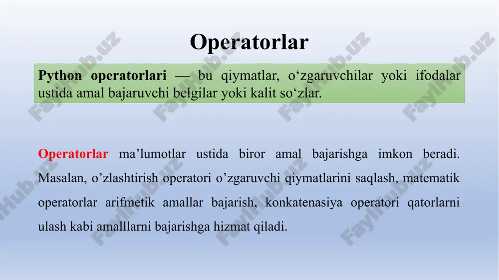 bo’linganda(qoldiqli) 3.0 % - qoldiqli bo’lish (bo’linma qoldiq qismi): >>> 10 % 5 # butun sonli qoldiqsiz bo’linma 0 >>> 10 % 3 # butun sonli qoldiqli bo’linma 1 >>> 10.0 % 5.0 # haqiyqiy sonlar ustida amal 0.0 >>> 10.0 % 3.0 # haqiyqiy sonlar ustida amal 1.0 >>> 10 % 5.0 # butun va haqiyqiy sonlar ustida amal 0.0 >>> 10 % 3.0 # butun va haqiyqiy sonlar ustida amal 1.0 >>> 10.0 % 5 # haqiyqiy va butun sonlar ustida amal 0.0 >>> 10.0 % 3 # haqiyqiy va butun sonlar ustida amal 1.0 ** – darajaga ko’tarish: >>> 10**2, 10.0**2 (100, 100.0) unar minus (-) va unar plyus (+) : >>>+10, +10.0, -10, -10 .0 , -( - 10) , -( -10 .0) (10, 10.0, -10, - 10.0, 10, 10 .0) foydalanuvchidan ikki son kiritilsin. ularning yig‘indisi, ayirmasi, ko‘paytmasi va bo‘linmasini hisoblab chiqaring. a = int(input("birinchi …
