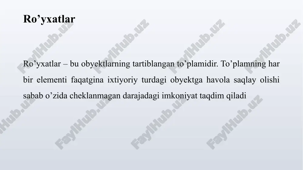 o'ng tomondagi elementlar soniga o’zaro mos bo’lishi kerak, aks holda xatolik yuz beradi: >>> x, u, z = [1, 2, 3] # pozitsion o’zlashtirish >>> x, u, z (1, 2, 3) >>> x, u = [1, 2, 3] # elementlar soni mos bo’lishi kerak traceback (most recent call last): fi le " " , line 1, in x, u = [1, 2, 3] # elementlar soni mos bo’lishi kerak valueerror: too many values to unpack (expected 2) python 3 da pozitsion o’zlashtirishda chap tomondagi bitta o’zgaruvchi oldidan yulduzcha yozish va bu orqali ortiqcha elementlarni ro’yxat sifatida unga o’zlashtirish mumkin. agar ortiqcha element bo’lmasa, bu o’zgaruvchi o’zida bosh ro’yxatni saqlaydi: >>> x, u, *z = [1, 2, 3] ; x, u, z (1, 2, [3] ) >>> x, u, *z = [1, 2, 3, 4, 5] ; x, y, z (1, 2, [3, 4, 5]) >>> x, u, *z = [1, …