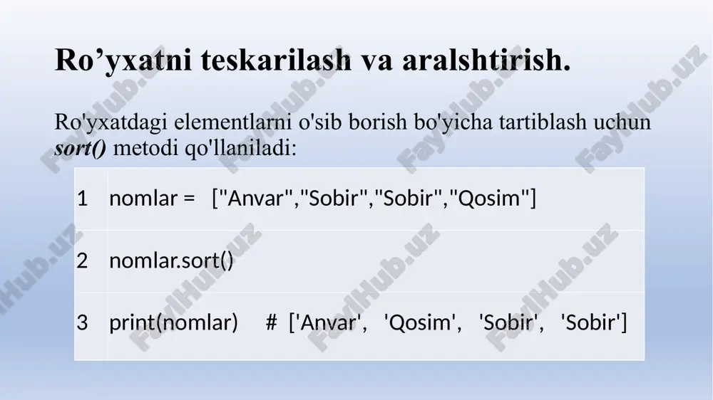 aradi, tartiblanayotgan ro'yxat esa o'zgarishsiz qoladi. 1 nomlar = ["anvar","sobir","sobir","qosim","tolib"] 2 sorted_nomlar = sorted(nomlar, key = str.lower) 3 print(sorted nomlar) # ['anvar', 'qosim', 'sobir', 'sobir', 4 # 'tolib'] minimal va maksimal qiymatlar. pythonda max, min deb nomlanuvchi mos ravishda ro'yxatdan eng maksimal va eng minimal qiymatlarni topish uchun mo'ljallangan standart funksiyalari mavjud. 1 sonlar = [12, 45, 23, -35, 2] 2 print(min(sonlar)) # -35 3 print(max(sonlar)) # 45 ro'yxatlarni ko'chirish. ro'yxat - o'zgaruvchan (mutable) turga mansub bo'lib, agar ikkita o'zgaruvchi ayni bir ro'yxatga murojaat qilayotgan bo'lsa, u holda birining o'zgarishi ikkinchisiga ham tasir qiladi: 1 vil1 = ["toshkent", "xorazm", ] 2 vil2 = vil1 3 vil2.append('buxoro’) 4 print(vil1) # ['toshkent', 'xorazm', 'buxoro'] 5 print(vil2) # ['toshkent', 'xorazm', 'buxoro'] bu misolda har ikkala vil1 va vil2 o'zgaruvchilar yordamida ayni bir ro'yxatga murojaat bo'lgan. shuning uchun vil2 o'zgaruvchisi orqali ro'yxatga yangi element qo'shilganda mos ravishda vil1 ham o'zgargan. bu holat yuzaki ko'chirish …