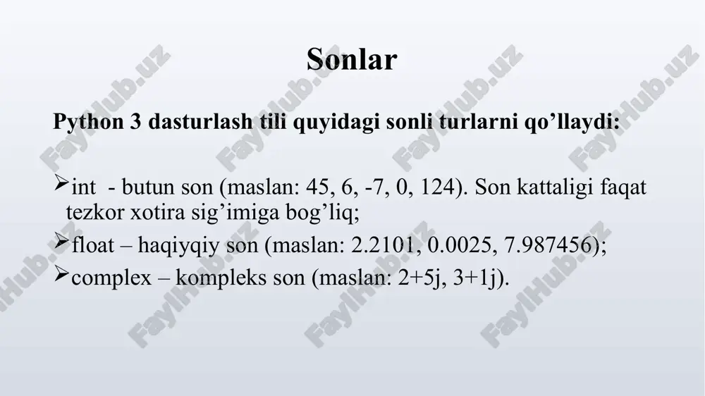 atijaga ega boldik agar fiksirlangan natijaga erishmoqchi bo’lsak decimal modulidan foydalanishimiz mumkin: >>> from decimal import decimal >>> decimal("0.3")-decimal("0.1")-decimal("0.1")-decimal("0.1") decimal('0.0') bundan tashqari fractions moduli yordamida kasr sonni ham ifodalash mumkin. kasr soni yaratishda ikki sonni yani surat va mahrajni bitta son yoki satr sifatida ko’rsatish mumkin. misol sifatida 4/5 kasr sonini yaratamiz: >>> from fractions import fraction >>> fraction (4, 5) fraction (4, 5) ½ kasr sonini quyidagi uchta usul bilan yaratish mumkin: >>> fraction (1, 2) fraction (l, 2) >>> fraction ("0.5" ) fraction (l, 2) >>> fraction (0 .5 ) fraction (l, 2) kasr sonlar ustida oddiy sonlar kabi arifmetik amallar bajarish mumkin: >>> fraction (9, 5) - fraction (2, 3) fraction (l7, 15) >>> fraction ("0.3") - fraction ("0.1") - fraction (" 0.l ") - fraction (" 0.1 ") fraction (0,1) >>> float (fraction (0, 1)) 0.0 kompleks son quyidagi formatda yoziladi: + j bu yerda j …