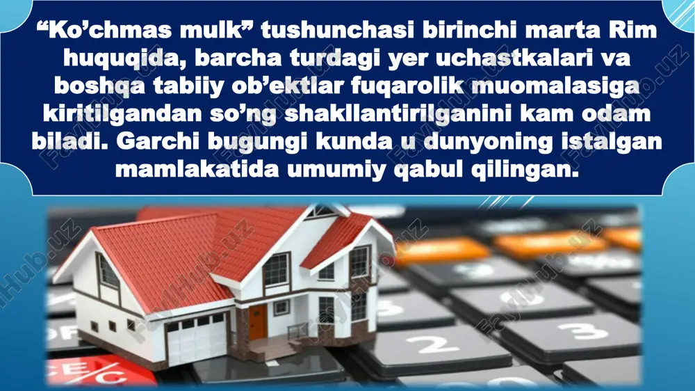 ladi, shuning uchun uni maqsadga nomutanosib zarar etkazmasdan ko'chirish mumkin emas. yuridik ma'noda ko'chmas mulk - bu unga nisbatan davlat tomonidan ichki xususiyatlarni, shuningdek, barcha turdagi xalqaro normalarni hisobga olgan holda o'rnatilgan xususiy va davlat huquqlarining ma'lum bir to'plami. birlamchi va ikkilamchi koʻchmas mulkka boʻlinmas yoki qisman xususiy huquqlar, shuningdek, yer uchastkalari yuzasiga fizik vertikal va gorizontal chegaralash asosida boʻlingan yer osti boyliklari, binolar va havo boʻshligʻi kirishi mumkin. turli koʻchmas mulkning (dachalar, kvartiralar va xususiy binolar) ijtimoiy roli shundaki, u insonning psixologik, fiziologik, intellektual va boshqa ehtiyojlarini qondirishi kerak. odamlar omon qolish va munosib hayotni ta'minlash uchun kerak bo'lishi mumkin bo'lgan hamma narsa,ular oxir-oqibat uni erdan olishadi. bugungi kunda mulkka egalik jamiyat ongida obro'li va madaniyatli o'rta sinfni shakllantirish uchun talab qilinadi. rossiyada davlatga taalluqli boʻlmagan er mulki subʼyektlari oʻz er uchastkasiga tegishli barcha yer qaʼrini emas, balki faqat keng tarqalgan foydali qazilmalar, yaʼni qum, loy va boshqalarni tasarruf …