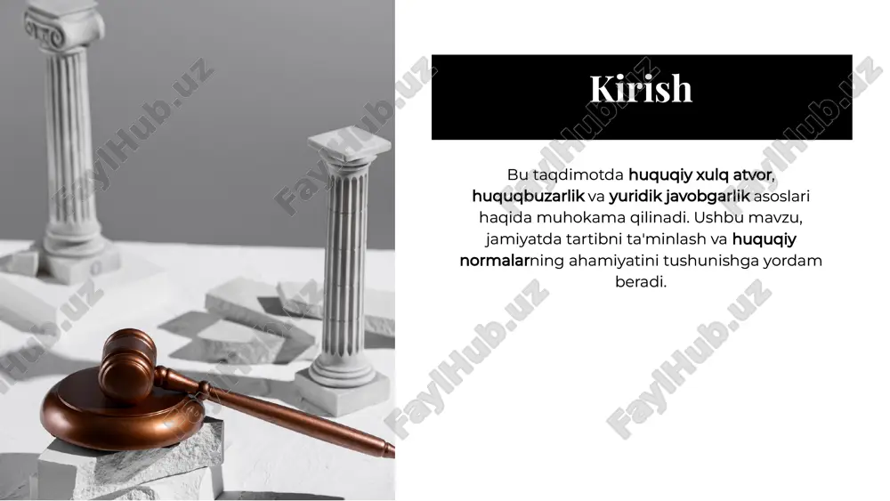 javobgarlik, huquqiy tartibni saqlashda muhim rol o'ynaydi. jazolar tizimijazolar tizimi huquqbuzarliklar uchun jazolar, jinoiy yoki ma'muriy bo'lishi mumkin. jazolar, fuqarolarni huquqiy xulqga undash va jamiyatda tartibni saqlash maqsadida qo'llaniladi. har bir jazoning o'ziga xos maqsadi va ta'siri bor. huquqbuzarliklar uchun jazolar, jinoiy yoki ma'muriy bo'lishi mumkin. jazolar, fuqarolarni huquqiy xulqga undash va jamiyatda tartibni saqlash maqsadida qo'llaniladi. har bir jazoning o'ziga xos maqsadi va ta'siri bor. huquqiy ta'limhuquqiy ta'lim huquqiy ta'lim, fuqarolarni huquqiy xulq va javobgarlik haqida xabardor qilish uchun muhimdir. ta'lim orqali, shaxslar o'z huquqlarini himoya qilish va huquqbuzarliklardan qochish imkoniyatiga ega bo'lishadi. huquqiy ta'lim, fuqarolarni huquqiy xulq va javobgarlik haqida xabardor qilish uchun muhimdir. ta'lim orqali, shaxslar o'z huquqlarini himoya qilish va huquqbuzarliklardan qochish imkoniyatiga ega bo'lishadi. xulosaxulosa huquqiy xulq atvor, huquqbuzarlik va yuridik javobgarlik, jamiyatni tartibga solishning asosiy elementlaridir. huquqiy bilish va ta'lim orqali, har bir fuqaro o'z huquq va majburiyatlarini anglab yetishi muhimdir. huquqiy xulq atvor, …