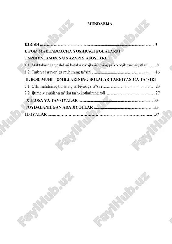 at rahbarining “maktabgacha ta‟lim tizimini tubdan takomillashtirish chora-tadbirlari to„g„risida” farmoni hamda “maktabgacha ta‟lim tizimini boshqarishning samarali mexanizmlarini joriy etish to„g„risida” qarorida bu jarayonni ilgari surish uchun zarur shart-sharoitlarni yaratish belgilangan. yangi o„zbekiston taraqqiyot strategiyasida ham ta‟lim va tarbiya sohasiga alohida e‟tibor qaratilib, maktabgacha yoshdagi bolalarning har tomonlama rivojlanishi va ijtimoiy moslashuvi uchun qulay muhit yaratish maqsad qilingan. maktabgacha yosh – inson shaxsining shakllanishida eng muhim bosqichlardan biri hisoblanadi. bu davrda bola atrof-muhit ta‟sirida o„zining ilk ijtimoiy ko„nikmalarini rivojlantiradi, shaxsiy fazilatlari shakllanadi va tafakkuri taraqqiy etadi. muhitning bola tarbiyasidagi o„rni beqiyos bo„lib, u bolaning jismoniy, aqliy va axloqiy rivojlanishida asosiy omil hisoblanadi. bolaning oilasi, bog„chasi, tengdoshlari va umuman jamiyat muhitida qanday tarbiya olishi uning kelajakdagi shaxs sifatida shakllanishiga katta ta‟sir ko„rsatadi. tarbiya jarayonida maktabgacha ta‟lim tashkilotlari va oilaning hamkorligi muhim ahamiyat kasb etib, aynan ana shu birlik bolaning intellektual va ijtimoiy rivojlanishini ta‟minlaydi. maktabgacha yoshdagi bolalarni tarbiyalashda muhitning ta‟siri turli omillar …