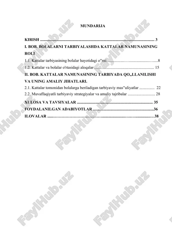 ana bir bor ta‟kidlaydi. ushbu hujjatlar asosida bolalarni tarbiyalashda kattalarning, ya‟ni ota-onalar, o'qituvchilar va boshqa ijtimoiy roli bo'lgan shaxslarning mas'uliyatini oshirish maqsad qilinmoqda. bolalar tarbiyasida kattalarning rolini belgilashda, dastlab, bolalar tarbiyasi faqatgina ilmiy-psixologik bilimlarga asoslanmagan, balki kattalar tomonidan ko'rsatiladigan amaliy namuna, axloqiy qadriyatlar, shaxsiy xulq-atvorning ham ahamiyati katta ekanligi tushunilishi kerak. kattalar, birinchi navbatda, o'z xulq-atvorlari bilan bolalarga qanday mas'uliyatli, axloqiy va ijtimoiy munosabatlarni o'rgatishini ko'rsatadilar. ota-onalar, o'qituvchilar va boshqa kattalar o'z hayotlarida ko'rsatgan mas'uliyatli xulq-atvorlari bilan bolalarga nafaqat to'g'ri bilimlar, balki insoniy qadriyatlar, hurmat, halollik va mehnatsevarlik kabi asosiy ahloqiy jihatlarni ham o'rgatadilar. bolalarni tarbiyalashda kattalar namunasining ahamiyati shundan iboratki, bolalar o'z o'ziga bo'lgan ishonchni, jamiyatda o'z o'rnini topishni va to'g'ri qarorlar qabul qilishni aynan kattalarning xulq-atvoridan o'rganadilar. kattalar o'zlari yaratgan muhitda bolalar ko'plab ijtimoiy, axloqiy va ruhiy qadriyatlarni o'zlashtiradilar. shu bois, kattalar uchun tarbiyaning yangi uslublarini joriy etish, ularning tarbiyaviy metodlarini takomillashtirish muhim ahamiyatga ega. kattalar tarbiyasining bolalarga …