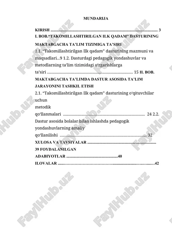 ko’rsatadi. o'zbekiston respublikasining birinchi prezidenti islom karimov tomonidan ta’lim tizimini takomillashtirishga qaratilgan bir qator farmon va qarorlar ta’limning barcha darajalarida sifatni oshirish, jamiyatda intellektual va ma’naviy rivojlanishni ta’minlash, yoshlarni jismoniy va ma’naviy barkamol shaxslar sifatida tarbiyalash maqsadida muhim ahamiyatga ega bo’ldi. ushbu farmonlar va qarorlar o'zbekistonda ta’lim tizimini zamonaviy talablar asosida rivojlantirishga, yosh avlodni har tomonlama yuksaltirishga qaratilgan. 1997-yil 29-avgustda prezidentning “maktabgacha ta’limni takomillashtirishga doir chora-tadbirlar to’g’risida”gi farmoni o'zbekistonda maktabgacha ta’limni yangi bosqichga olib chiqishning boshlang'ich nuqtasi bo’ldi. ushbu farmonda maktabgacha ta’lim tizimining sifatini oshirish, uning mazmunini yangilash, bolalar uchun qulay va xavfsiz muhit yaratish vazifalari ko'zda tutilgan. farmon asosida maktabgacha ta’limning normativ-huquqiy bazasi shakllantirildi, o’quv dasturlari va metodik qo’llanmalar ishlab chiqildi. bu, o'z navbatida, ta’lim tizimini yangilash va maktabgacha ta’limning o’ziga xos xususiyatlarini hisobga olgan holda, yuqori sifatli ta’limni ta’minlashga xizmat qildi. shuningdek, 2017-yilda imzolangan “ta’lim tizimini rivojlantirish bo’yicha davlat dasturi” ham o'zbekistondagi ta’lim tizimining barcha sohalarini yanada takomillashtirishga …