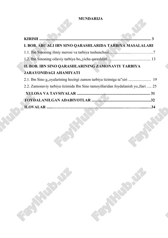 sosida yoshlarning jismoniy, ma‟naviy va intellektual rivojlanishini ta‟minlash, ularni milliy qadriyatlar asosida tarbiyalash muhim vazifa sifatida belgilangan. sharq mutafakkirlari, xususan, abu ali ibn sino ilmiy va ma‟naviy merosi inson tarbiyasida katta ahamiyat kasb etadi. ibn sino nafaqat tabib va faylasuf, balki pedagog sifatida ham o„z asarlarida inson tarbiyasining asosiy tamoyillariga alohida e‟tibor qaratgan. u bolaning axloqiy, jismoniy va aqliy tarbiyasini shakllantirishda oilaning tutgan o„rni va ota-onaning mas‟uliyati haqida qimmatli fikrlar bildirgan. mazkur tadqiqot ishida abu ali ibn sino qarashlari asosida oila tarbiyasining nazariy va amaliy jihatlari o„rganiladi. ibn sinoning tarbiya masalasiga oid fikrlari tahlil qilinib, ularning zamonaviy tarbiya jarayonidagi o„rni aniqlanadi. shuningdek, bugungi kunda bolalarni barkamol qilib voyaga yetkazishda mutafakkir ta‟limotidan qanday foydalanish mumkinligi haqida ilmiy-tahliliy xulosalar beriladi. kurs ishining dolzarbligi shundaki, jamiyat rivojlanishida barkamol avlodni tarbiyalash muhim o„rin tutadi. ibn sino qarashlari esa bu borada asosiy metodologik manba sifatida xizmat qiladi. ushbu tadqiqotning asosiy maqsadi – buyuk mutafakkirning oilaviy …
