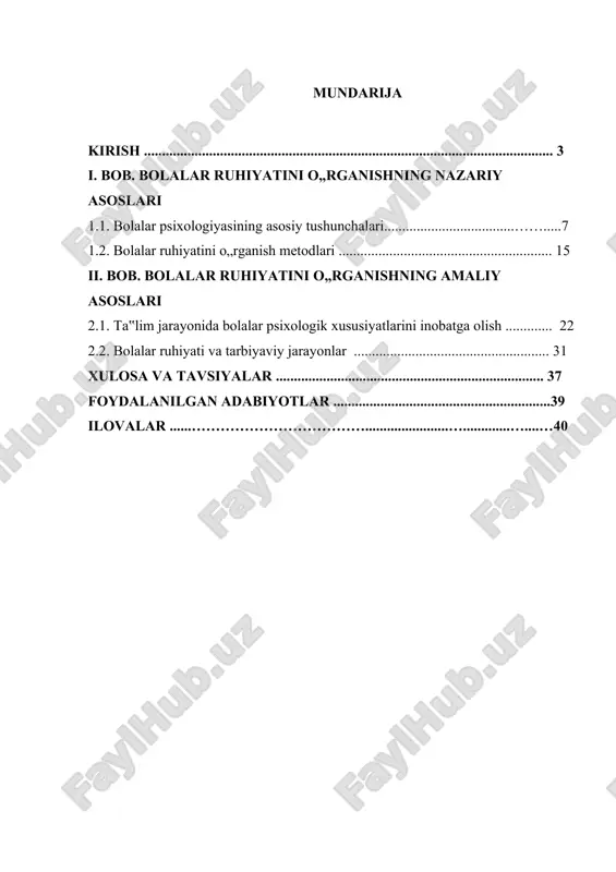 chora-tadbirlari to„g„risida” 2017-yil 29-sentabrdagi pq-3307-sonli prezident qarori va “yangi o„zbekiston maktabgacha ta‟lim tizimi” davlat dasturi doirasida bolalar ruhiyatiga oid tadqiqotlarni rivojlantirishga alohida e‟tibor qaratilmoqda. ushbu hujjatlarda yosh avlodning ta‟lim olishi va ruhiy rivojlanishi uchun zamonaviy shart-sharoitlar yaratish, psixologik xizmatlarni kengaytirish, pedagoglarning malakasini oshirish va ta‟lim jarayoniga ilg„or usullarni joriy etish belgilangan. bolalar ruhiyatini o„rganish – pedagogika va psixologiyaning muhim yo„nalishlaridan biri bo„lib, bolalarning har tomonlama rivojlanishi, o„quv jarayoniga moslashuvi va shaxsiyati shakllanishida asosiy o„rin tutadi. ta‟lim-tarbiya jarayonida bolalar psixologik xususiyatlarini inobatga olish pedagog va ota-onalarga ularning qiziqishlari, ehtiyojlari va rivojlanish sur‟atini to„g„ri baholash imkonini beradi. pedagoglar uchun bolalar ruhiyatining o„ziga xos jihatlarini o„rganish – samarali ta‟lim jarayonini tashkil etish, shaxsiy yondashuvni shakllantirish hamda ularning ijtimoiy hayotga moslashuvini yengillashtirishga xizmat qiladi. har bir bolaning psixologik rivojlanishi individual bo„lib, turli yosh davrlarida ularning hissiy, intellektual va ijtimoiy rivojlanish xususiyatlari farq qiladi. masalan, maktabgacha yoshdagi bolalar asosan sezgi va emotsiyalarga asoslangan holda o„rganishadi, …