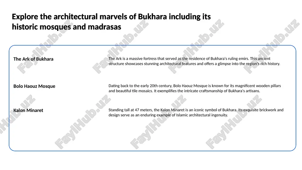 s a center of islamic scholarship and religious plurality 3 discover the significance of the ark fortress as a symbol of bukhara's history historical role the ark fortress served as the residence of bukhara's emirs for centuries and represents the political power of the region throughout its history. discover the significance of the ark fortress as a symbol of bukhara's history architectural significance featuring impressive architectural elements, the ark fortress showcases the unique designs and craftsmanship of central asian fortifications. discover the significance of the ark fortress as a symbol of bukhara's history cultural heritage the fortress is an integral part of bukhara's cultural identity, symbolizing the rich history and traditions of the silk road areas. discover the significance of the ark fortress as a symbol of bukhara's history 4 understand the role of bukhara in the spread of islamic knowledge and scholarship historical significance bukhara was a major center …
