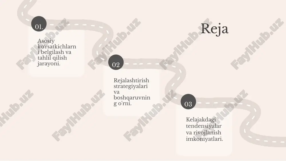 motlarni taqdim etadi. ko‘rsatkichlarni nazorat qilish ko‘rsatkichlarni nazorat qilish jarayonida olingan natijalar asosida iqtisodiy holat tahlil qilinadi. bu, o‘z navbatida, resurslarni samarali boshqarishga yordam beradi. o‘zbekiston iqtisodiyotida o‘zbekiston iqtisodiyotida asosiy ko‘rsatkichlar natijalari mamlakatning iqtisodiy o‘sishiga ta'sir qiladi. ular turli sohalarda strategik rejalashtirish uchun asos bo‘lib xizmat qiladi. xulosa natijalarni doimiy ravishda nazorat qilish va tahlil qilish iqtisodiy boshqaruvni kuchaytiradi. bu jarayon, o‘z navbatida, o‘zbekistonning raqobatbardoshligini oshirishga yordam beradi. 02. 04. 01. 03. rejalashtirish strategiyalari rejalashtirishning mohiyati rejalashtirish, maqsadlar va vazifalarni belgilash jarayonida muhim ahamiyatga ega. u tashkilotning resurslarini optimal taqsimlash va samarali faoliyat yuritish imkonini beradi. rejalashtirish turlari rejalashtirishning bir necha turlari mavjud: strategik, taktikal va operativ rejalashtirish. har bir tur maqsad va muddatga qarab farqlanadi. rejalashtirish ahamiyati rejalashtirish jarayoni tashkilotning muvaffaqiyatini oshirishga yordam beradi. bu jarayon xatolarni kamaytirish va imkoniyatlardan samarali foydalanishga imkon yaratadi. samarali rejalashtirish omillari samarali rejalashtirish uchun asosiy omillar: aniq maqsadlar, real vaqtli ma'lumotlar, jamoaviy ish …