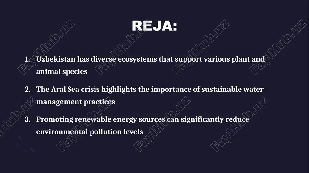 vironmental sustainability. • improvement of public health - a shift to cleaner energy sources leads to fewer respiratory ailments and health problems associated with air pollution, benefiting community well-being. • sustainable economic growth - promoting renewable energy creates jobs in installation and maintenance. this economic boost is coupled with environmental benefits, fostering a sustainable future. conservation efforts are crucial to protect endangered species in uzbekistan's habitats • importance of biodiversity - biodiversity in uzbekistan's unique ecosystems is essential for maintaining ecological balance and resilience. protecting endangered species ensures the survival of various organisms that contribute to healthy environments. • threats to wildlife - endangered species in uzbekistan face numerous threats including habitat destruction, pollution, and climate change. addressing these issues is vital for the protection of these species and their habitats. raising awareness about climate change impacts can encourage community involvement in ecology • understanding climate change - climate change …
